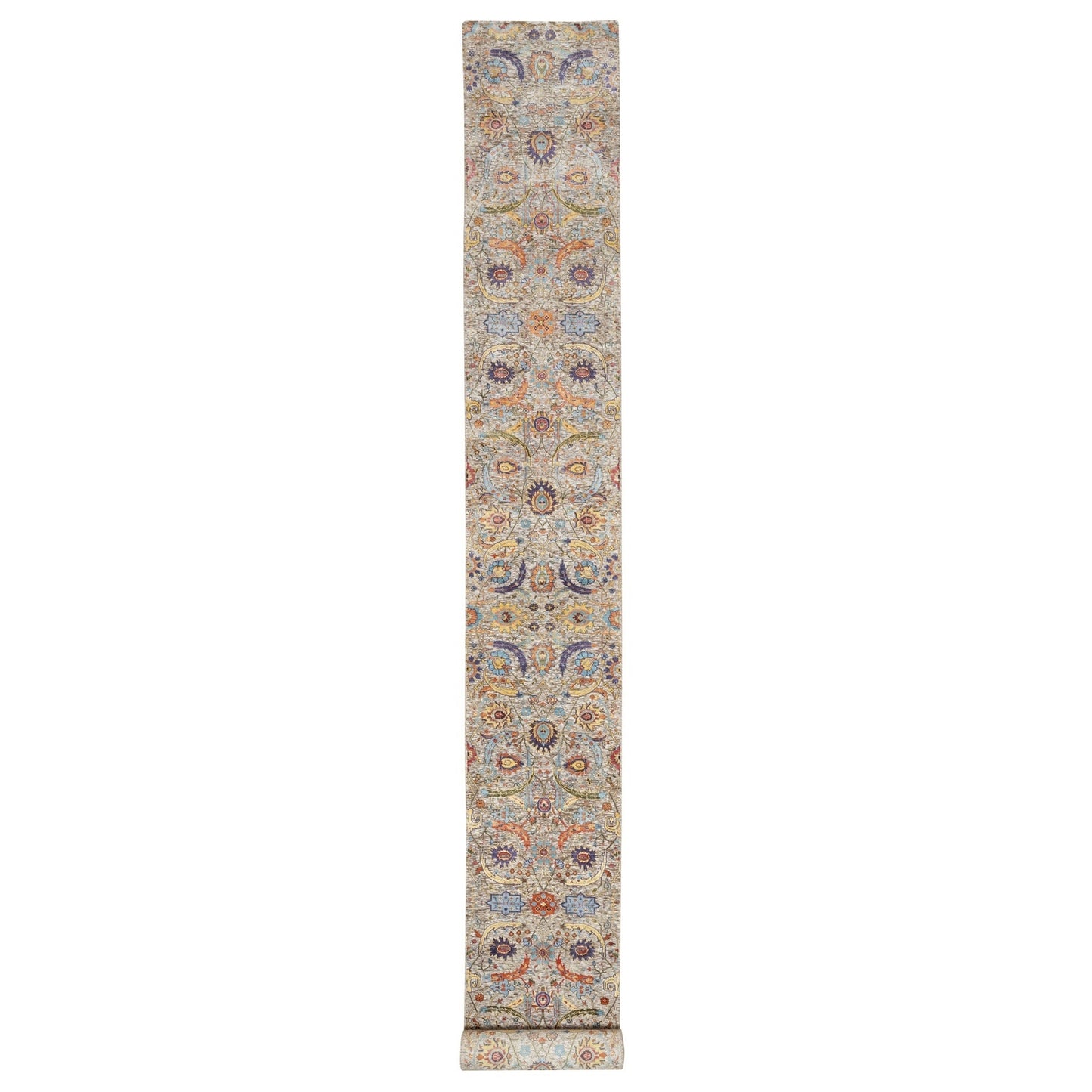 2'7"X23'10" White Sickle Leaf Hand Knotted Silk And Wool Xl Runner Rug