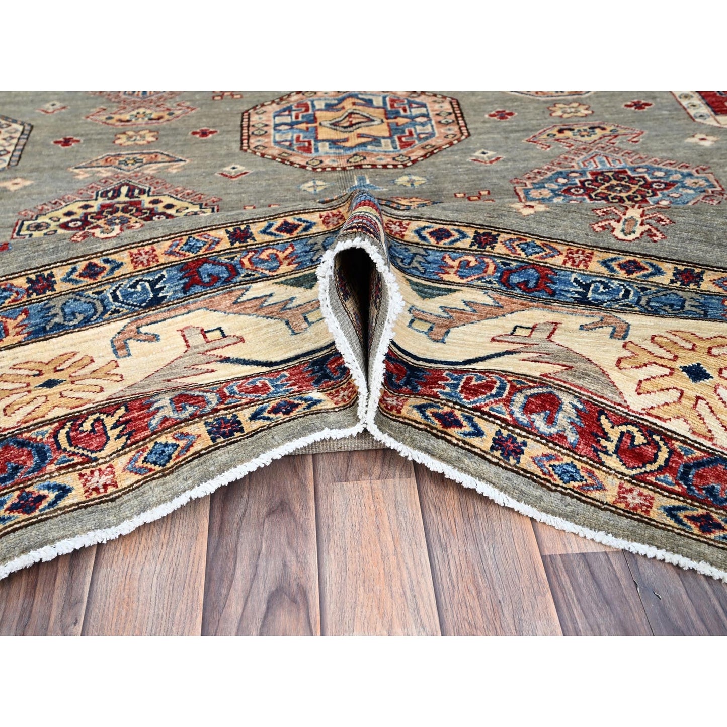 8'10"X11'9" Wrought Iron Gray Soft Pure Wool Hand Knotted Super Kazak Rug