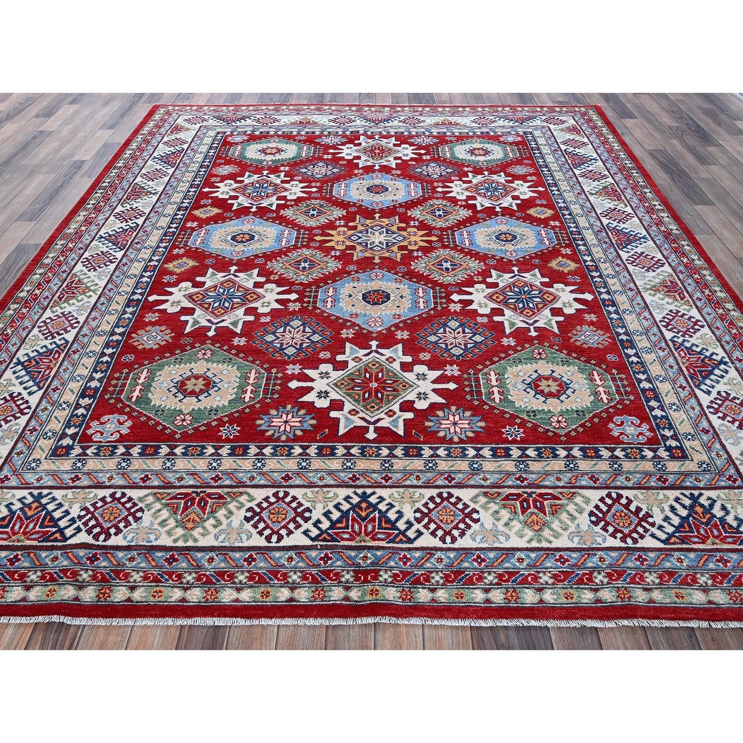8'2"X9'8" Red Kazak With Geometric Medallions Design Wool Hand Knotted Rug