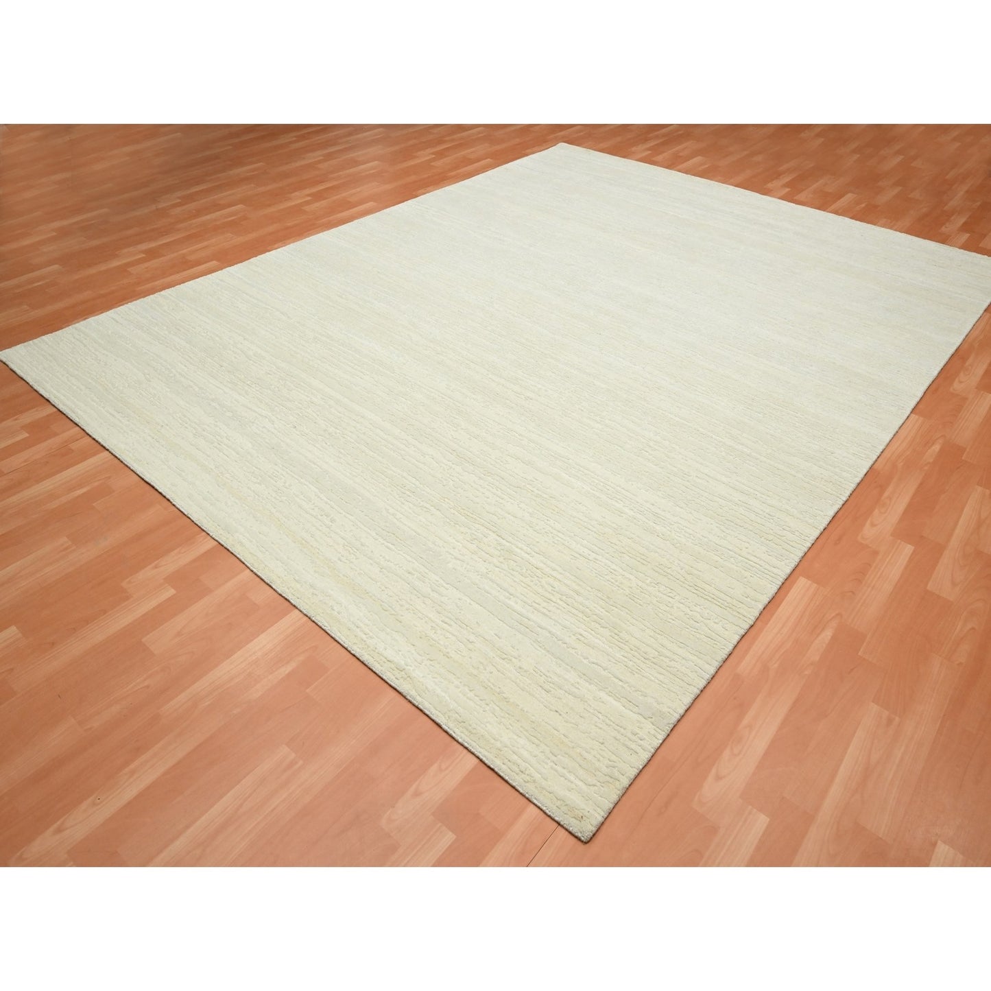 9'X11'10" Chiffon White Plain Solid Design Textured Wool Hand Knotted Rug