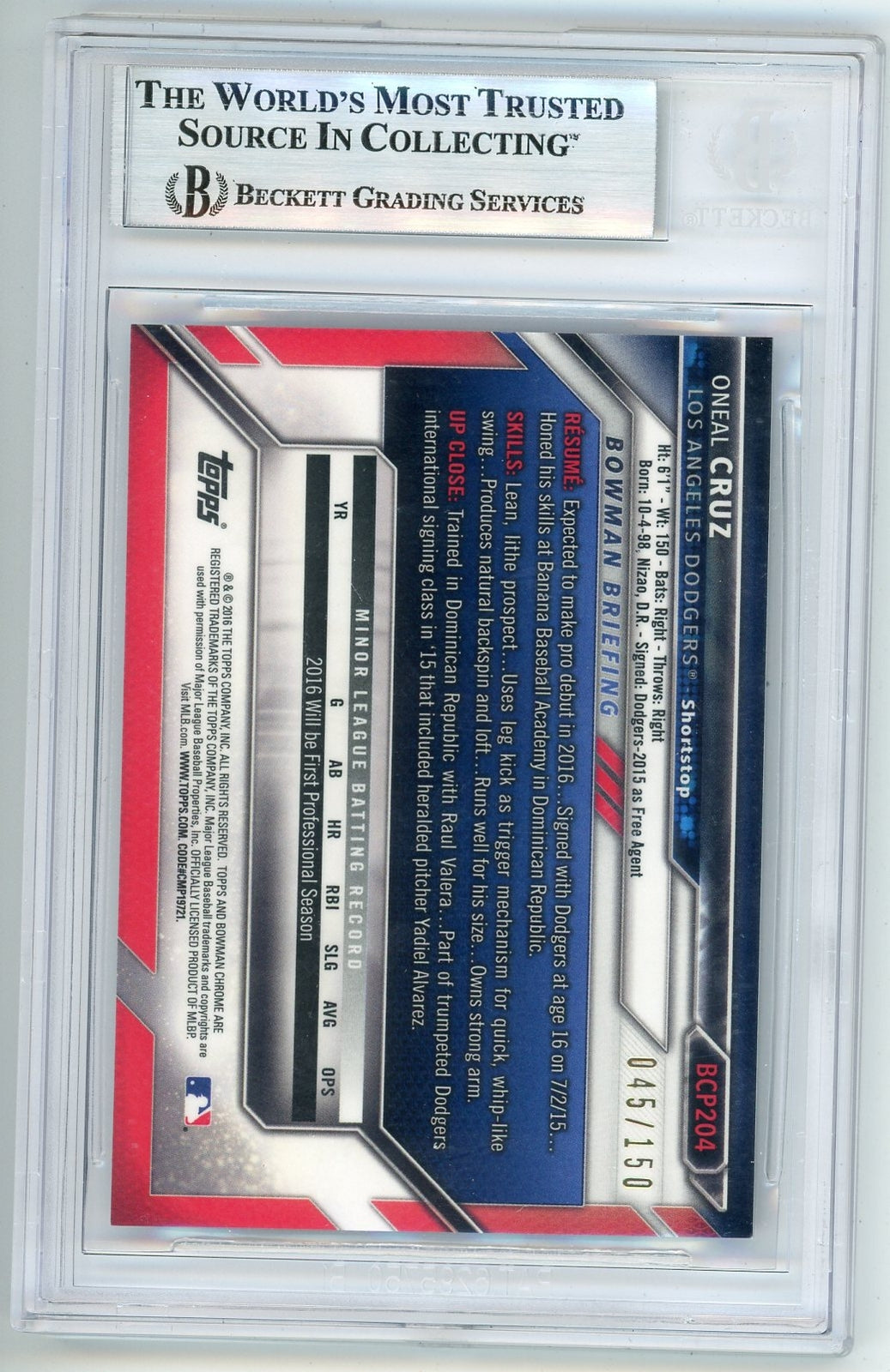 Oneal Cruz 2016 Bowman Chrome Prospects Blue