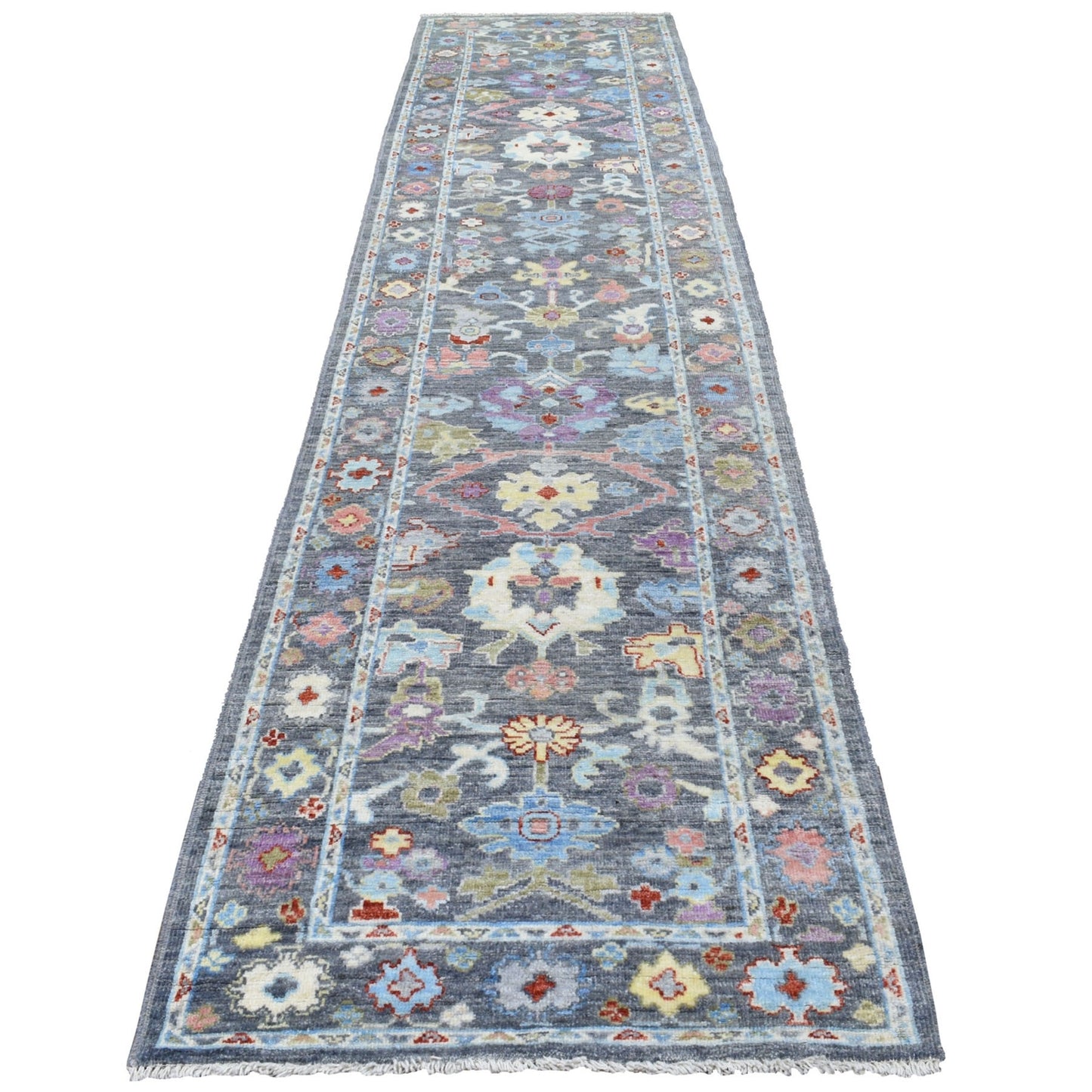 3'2"X13'9" Charcoal Black Angora Oushak Pure Wool Hand Knotte Runner Rug