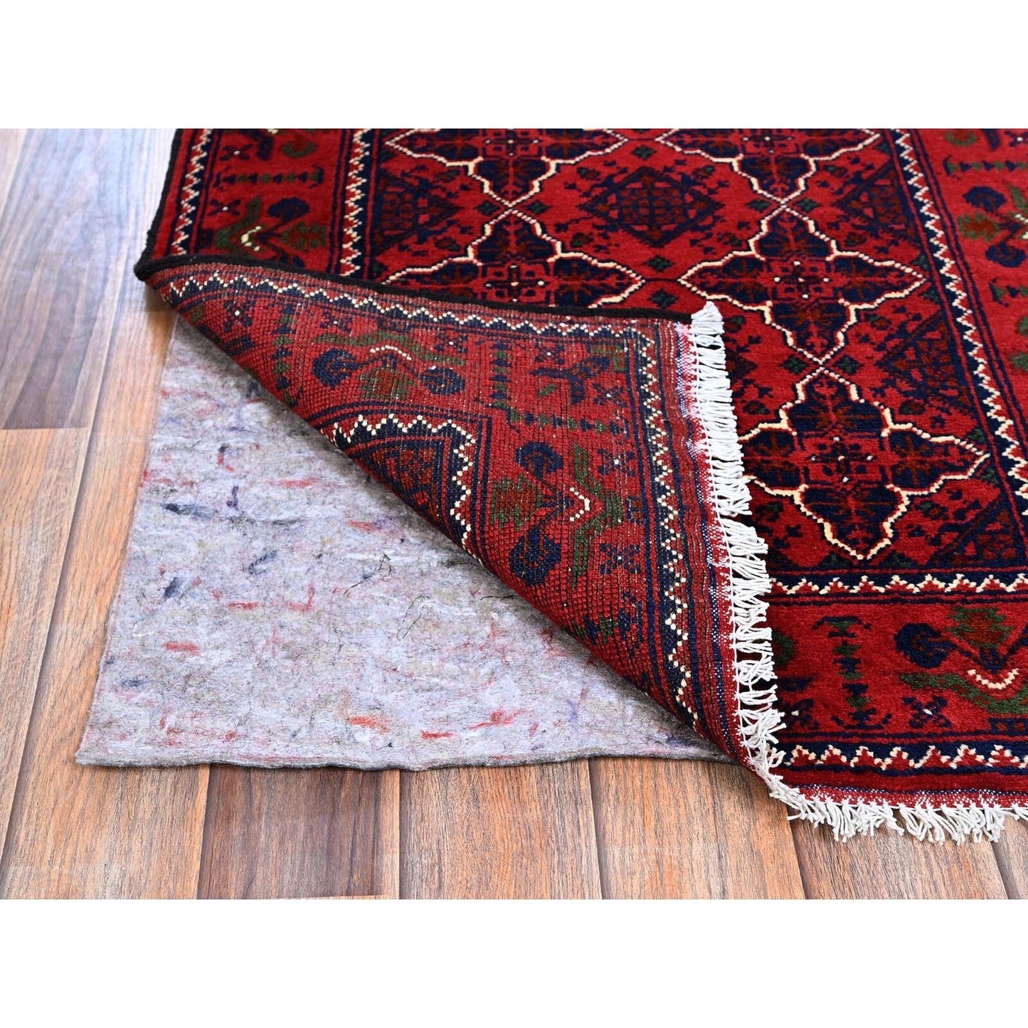 2'3"X4'8" Red Hand Knotted Geometric Afghan Khamyab Pure Wool Runner Rug