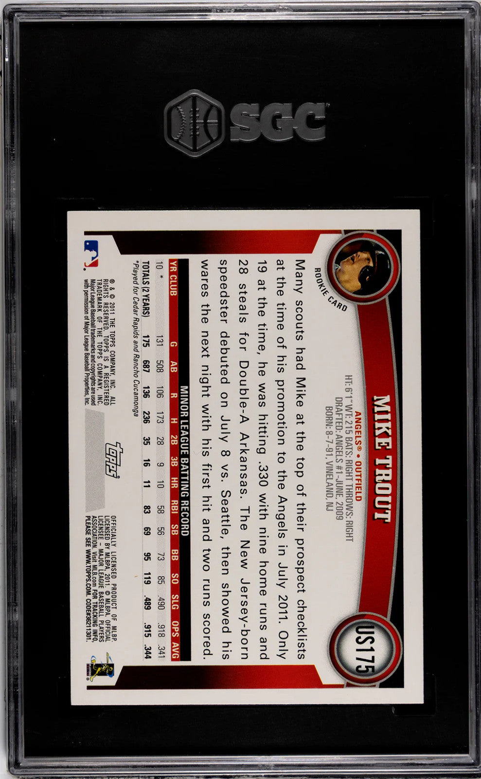 Mike Trout 2011 Topps Update #Us175 Sgc 9