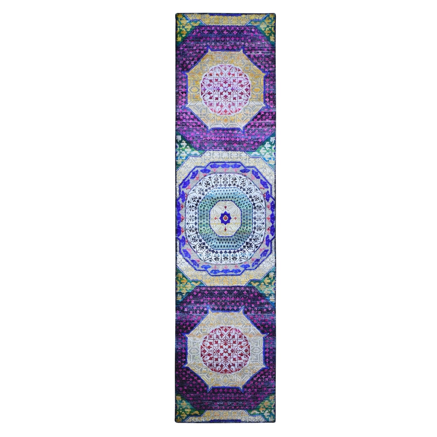 2'6"X10'4" Sari Silk With Textured Wool Mamluk Design Handmade Runner Rug