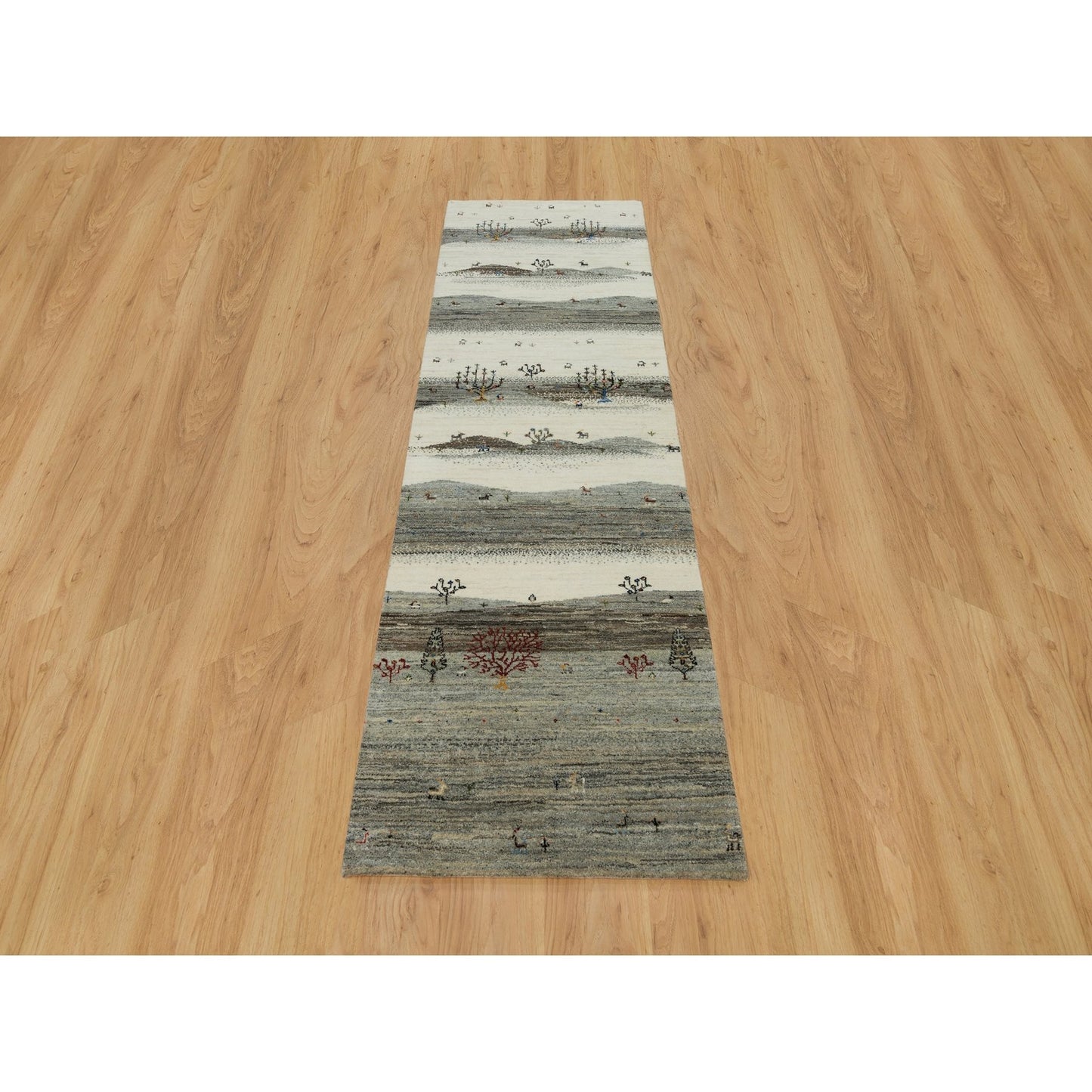 2'7"X8' Linen White Wool Hand Knotted Lori Buft Modern Striae Runner Rug