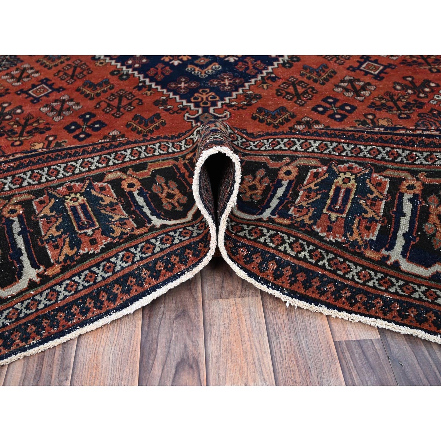 8'1"X11'3" Ochre Red Hand Knotted Vintage Pure Wool Joshagan Cleaned Rug