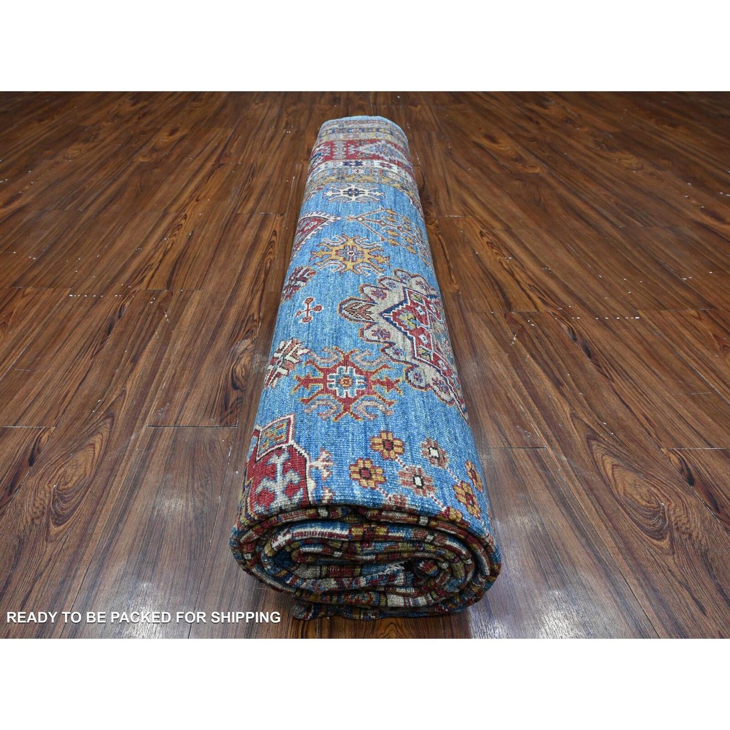 10'2"X13'8" Blue Hand Knotted Super Kazak All Over Motifs Oriental Rug