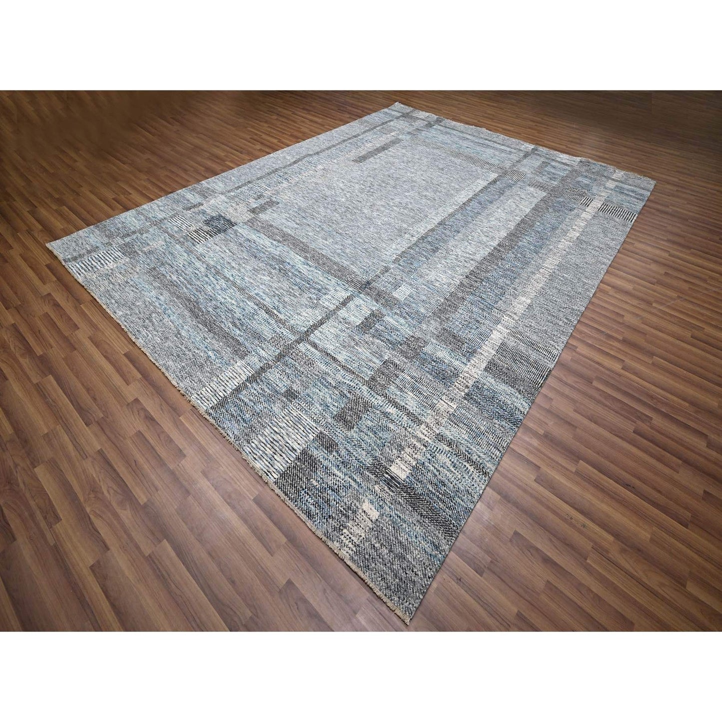 9'X12'1" Barely Blue Modern Geometric Plaid Design Wool Hand Knotted Rug