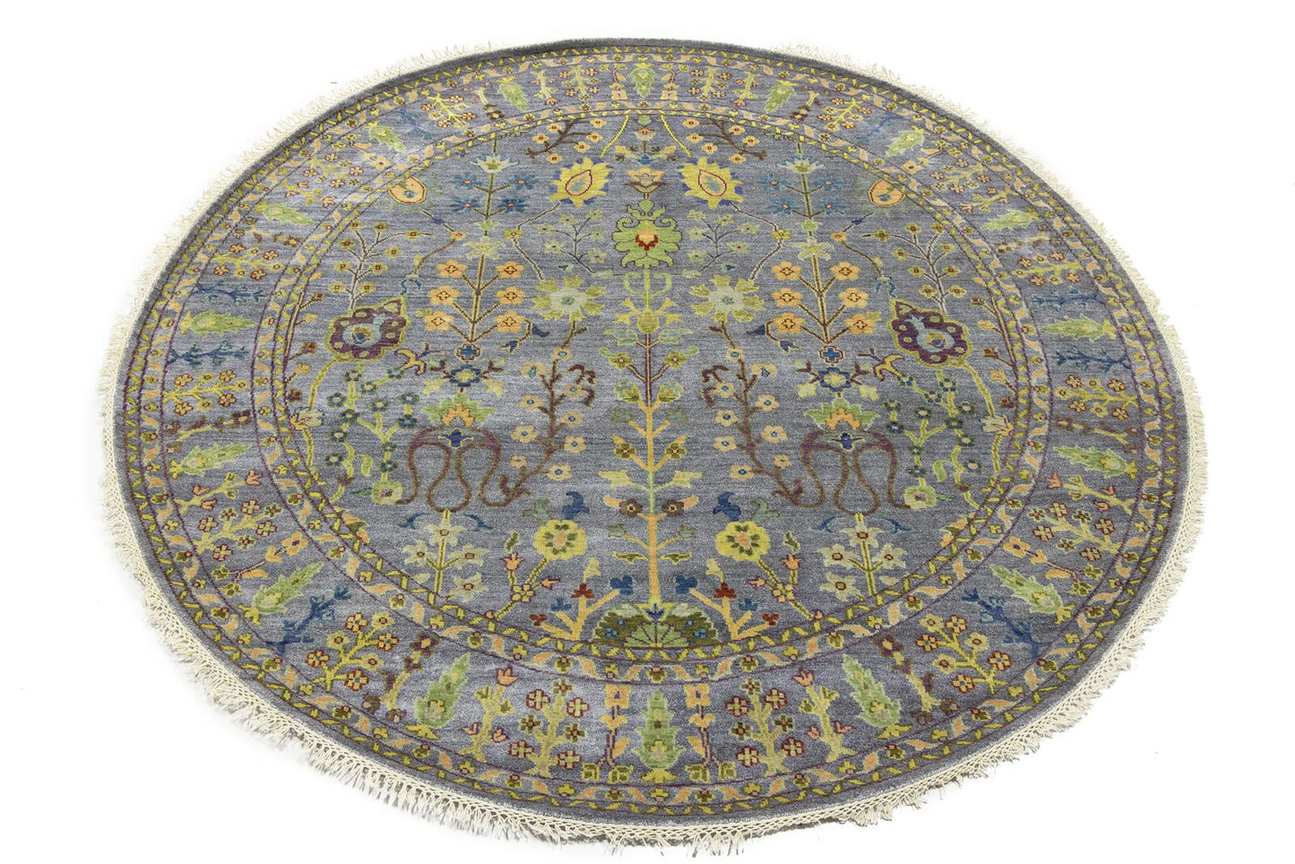 Hand-Knotted Round Oriental Rug Floral Osh Chobi