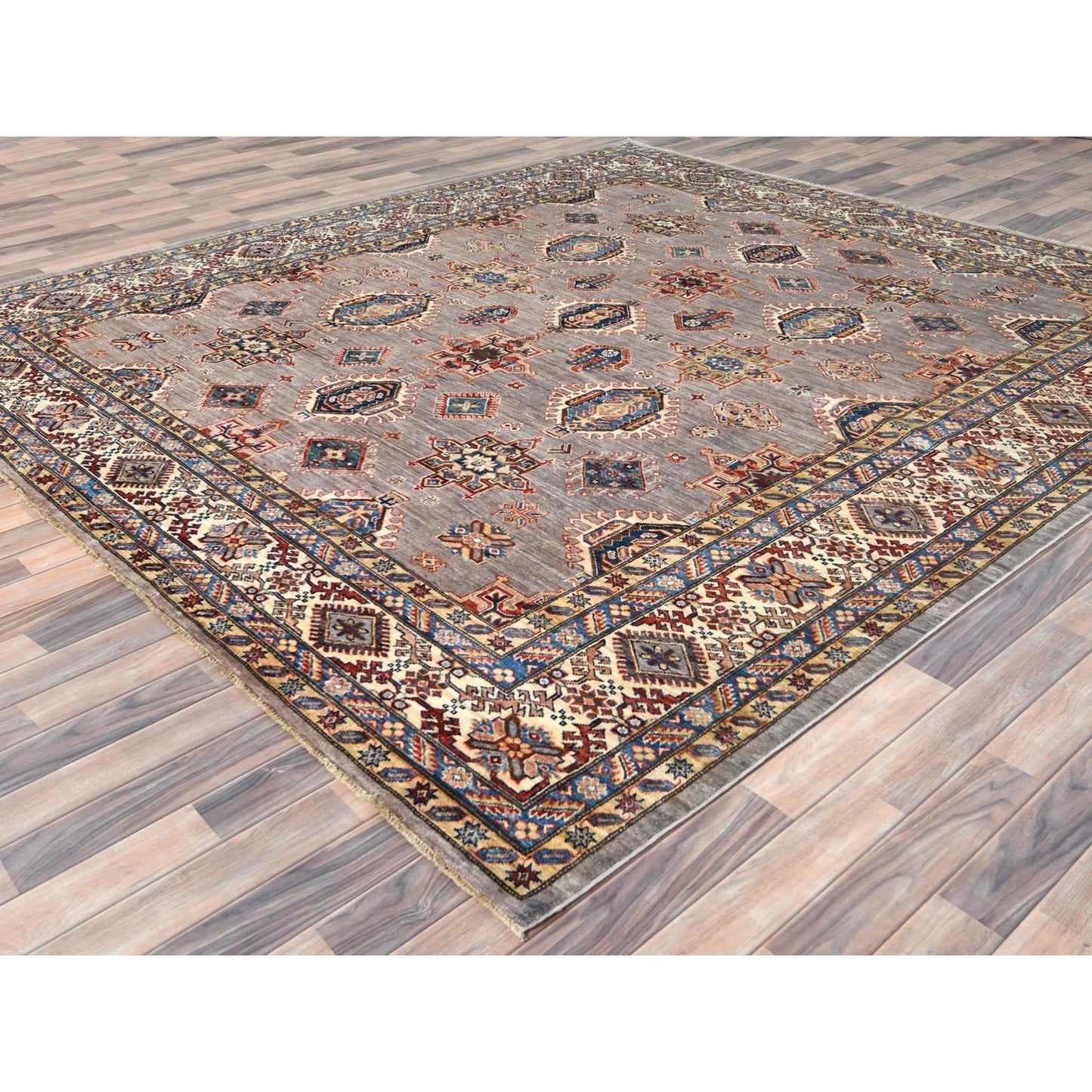 9'9"X9'9" Silver Pink Afghan Super Kazak Wool Hand Knotted Square Rug