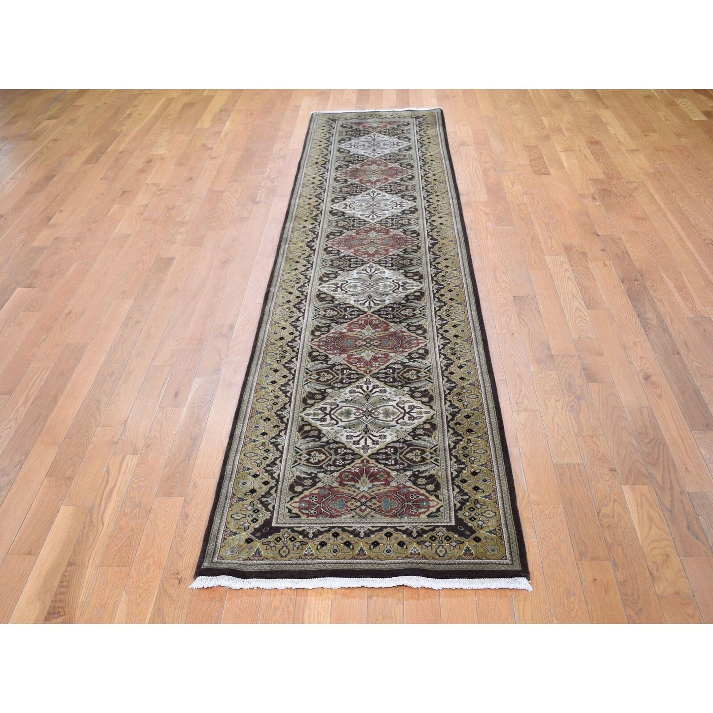 2'7"X12' Brown Tebraz Garden Design Runner Hand Knotted Pure Wool Rug