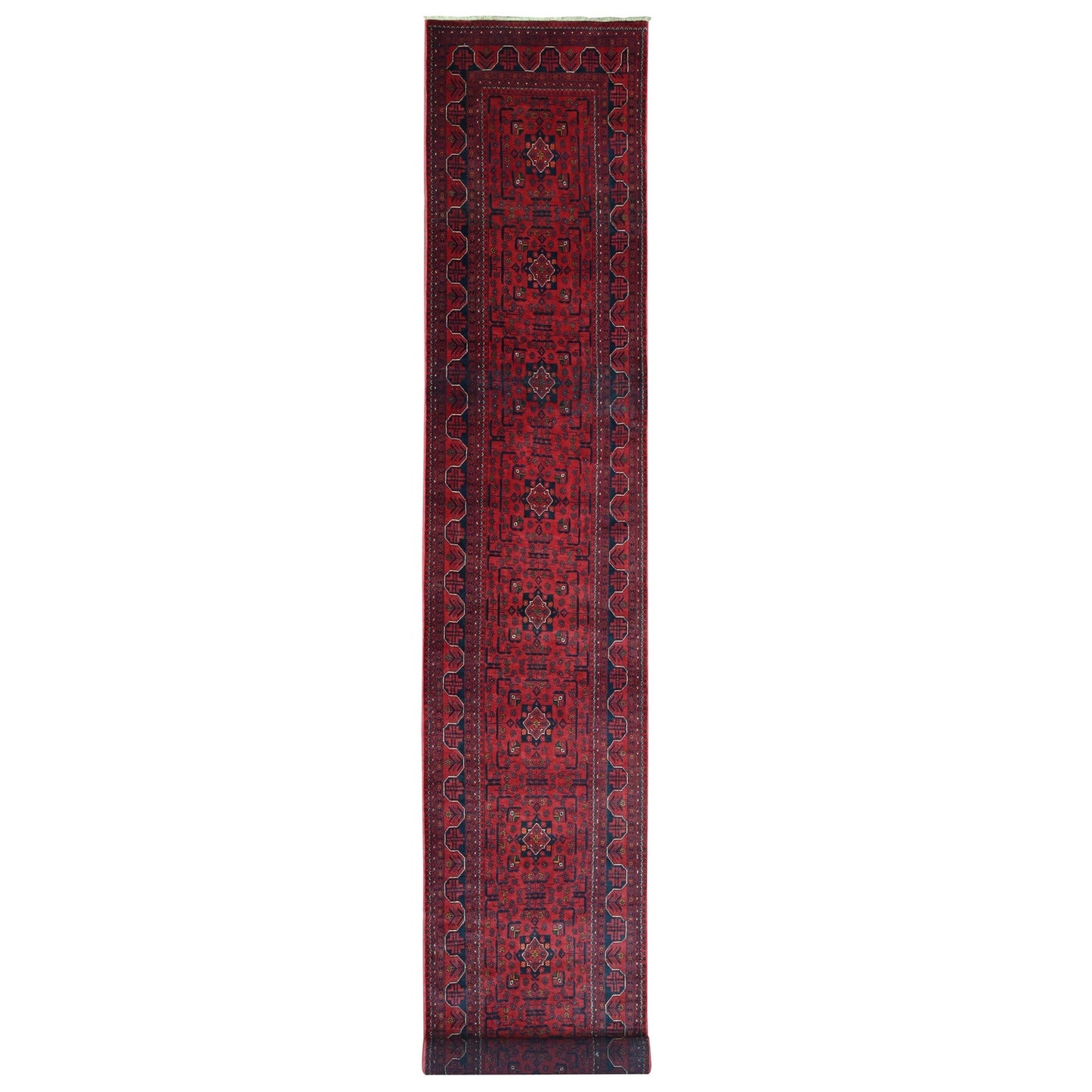 2'10"X19'3" Red Geometric Afghan Khamyab Wool Hand Knotted Runner Rug