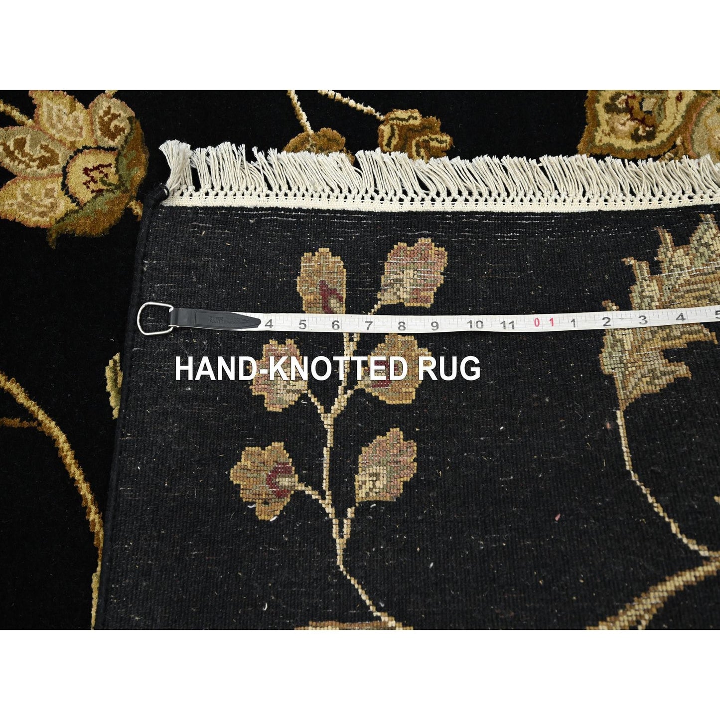 Rug 4'x6' Midnight Black Botanical Design Wool and Silk Hand Knotted