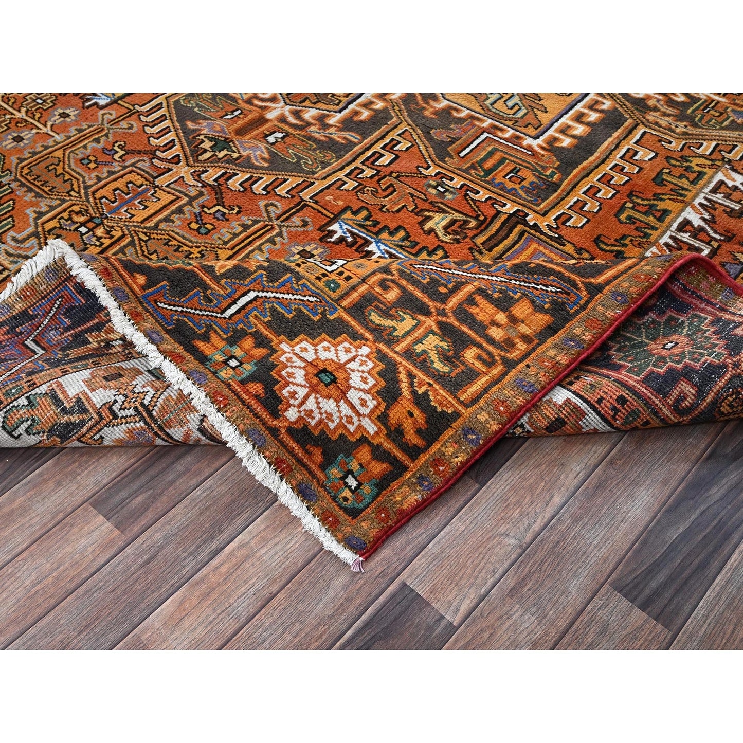 8'2"X11'2" Orange Semi Antique Zoroastrian Heris Hand Knotted Wool Rug