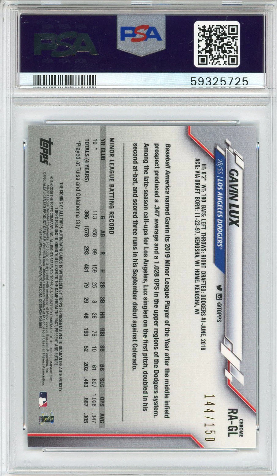 Gavin Lux Autographed 2020 Topps Chrome Blue Refractor Rookie Card #Ragl (Psa Mi