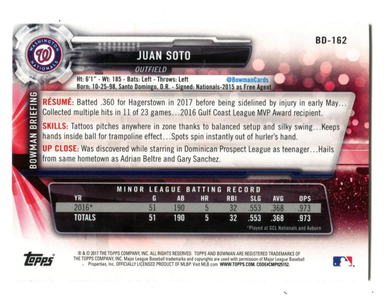Juan Soto 2017 Bowman #Bd162 Card