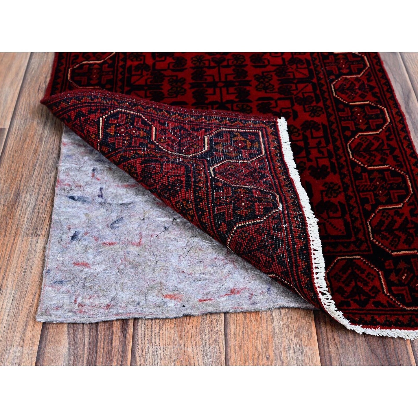 1'8"X4'9" Red Afghan Khamyab Geometric Pattern Hand Knotted Wool Runner Rug