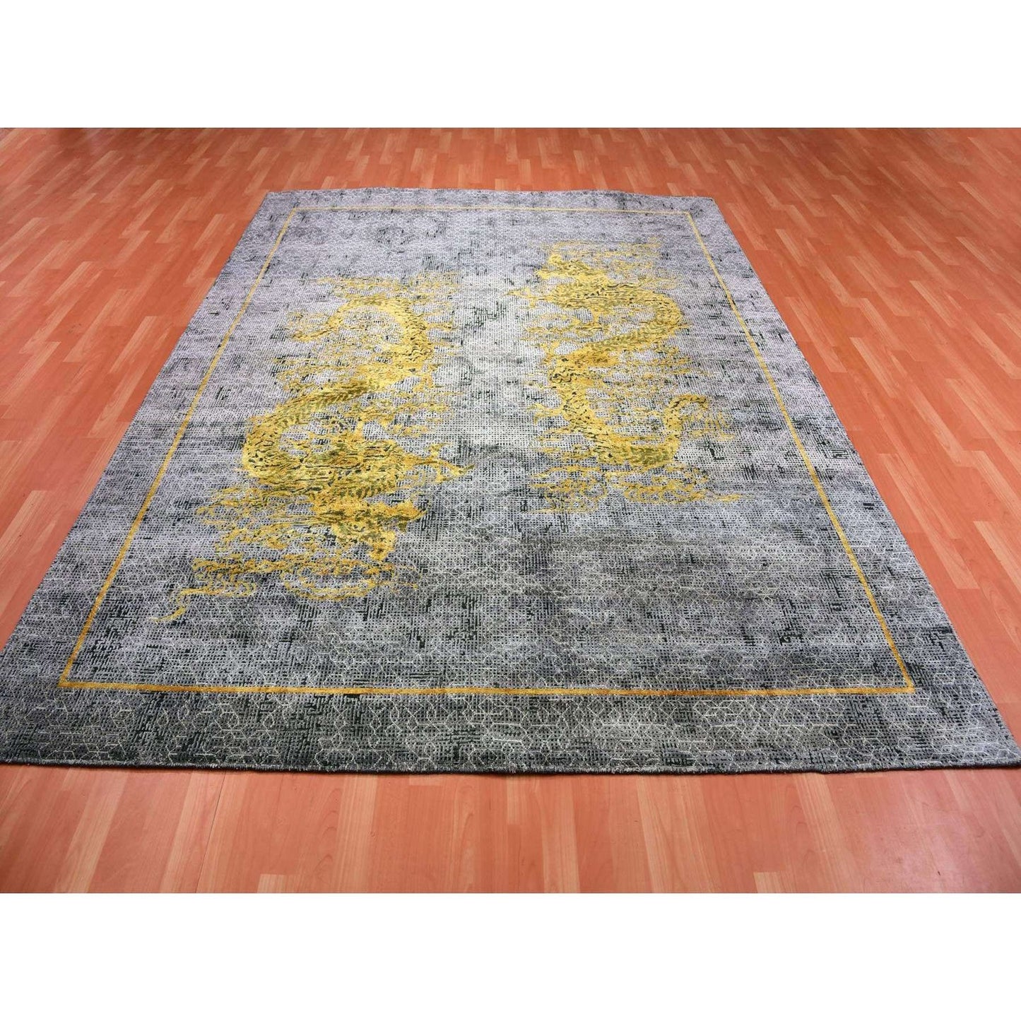 8'X10'3" Gray Golden Dragons Chinese Inspired Wool/Silk Hand Knotted Rug