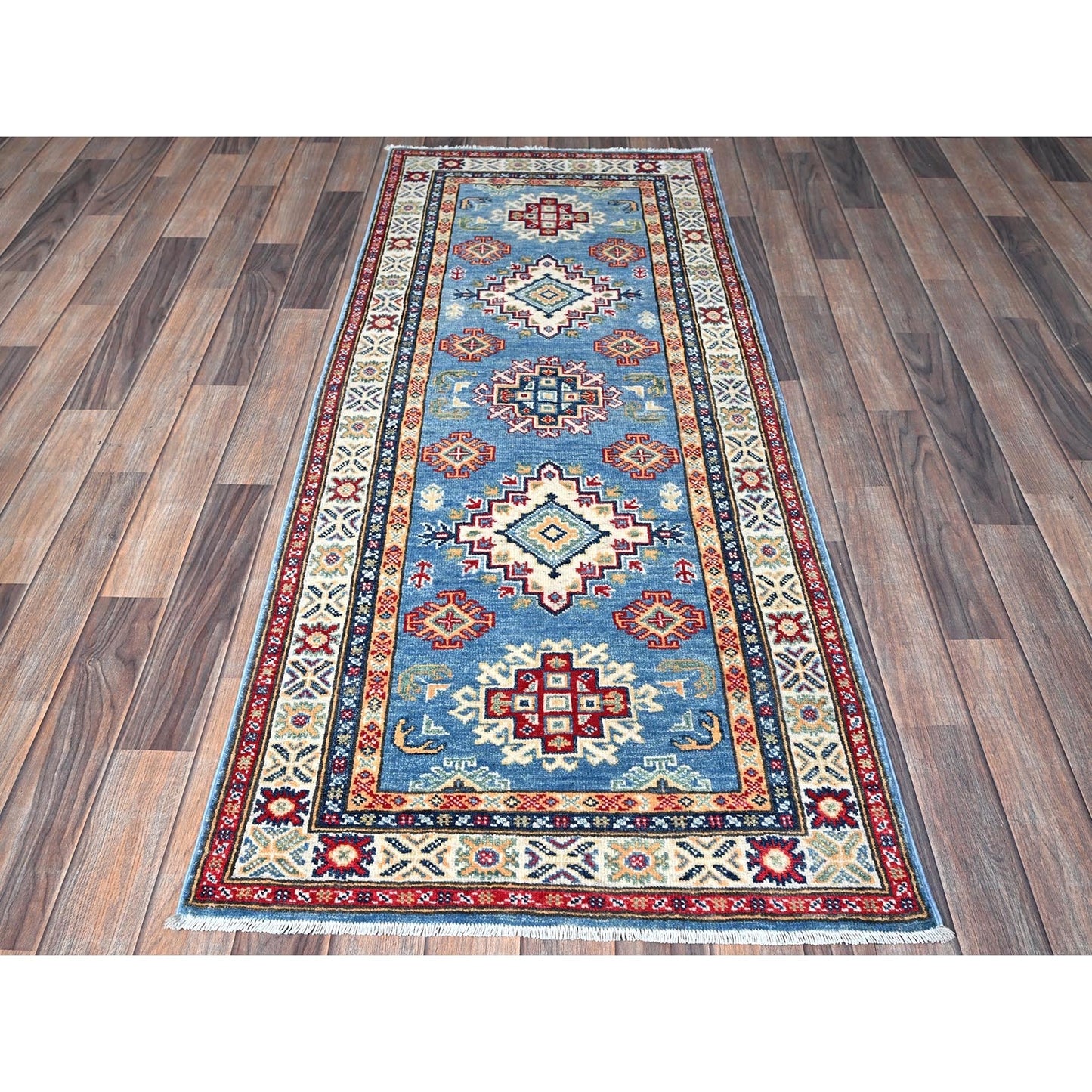 2'6"X6'2" Blue Kazak With Geometric Design Hand Knotted All Wool Runner Rug