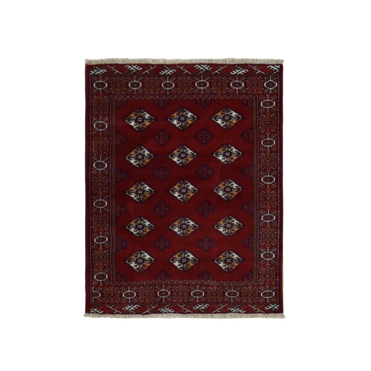 3'3"X4'2" Wine Red Zoroastrian Turkoman Bokara Pure Wool Hand Knotted Rug