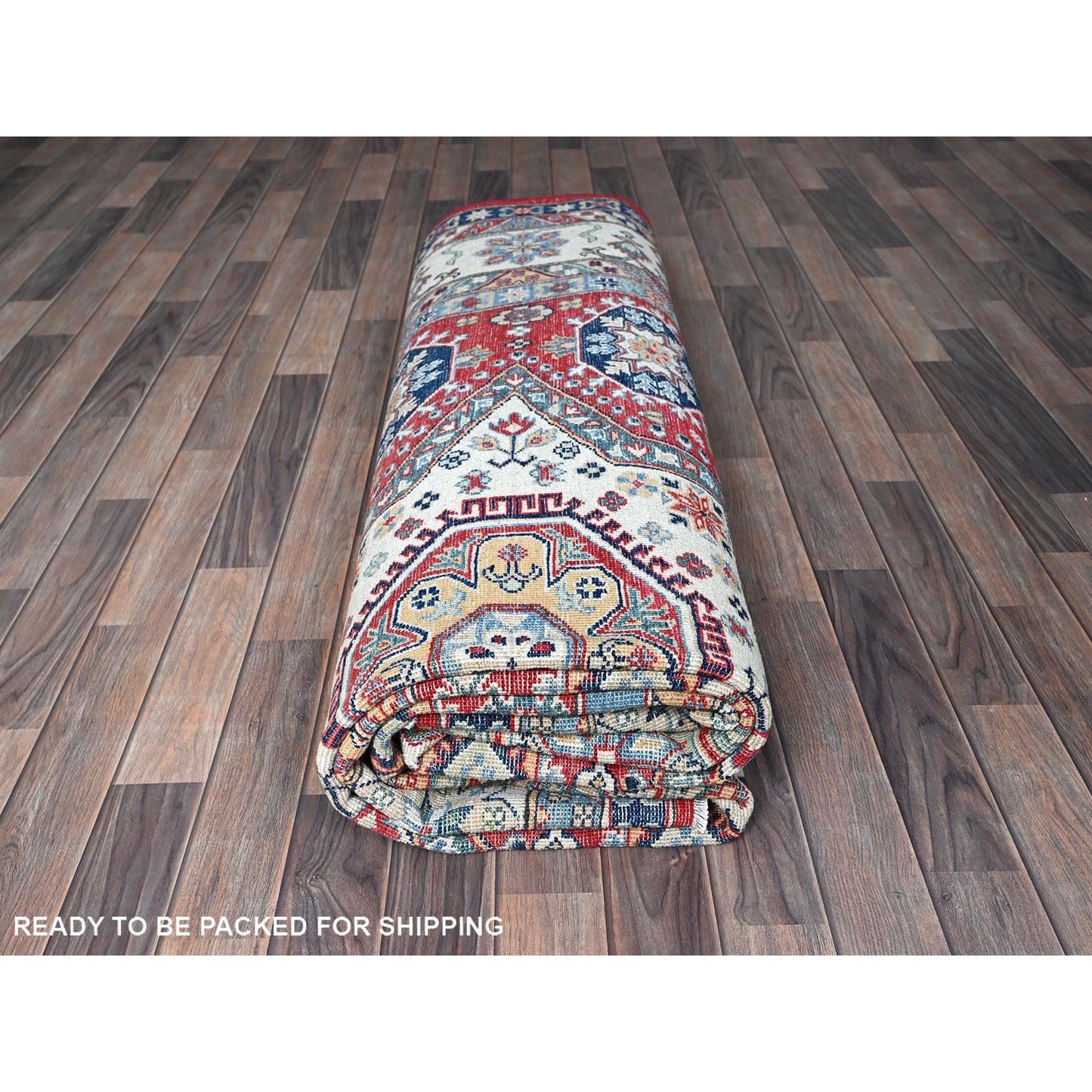 9'1"X11'9" Berry Red Kazak With Geometric Design Hand Knotted Soft Wool Rug