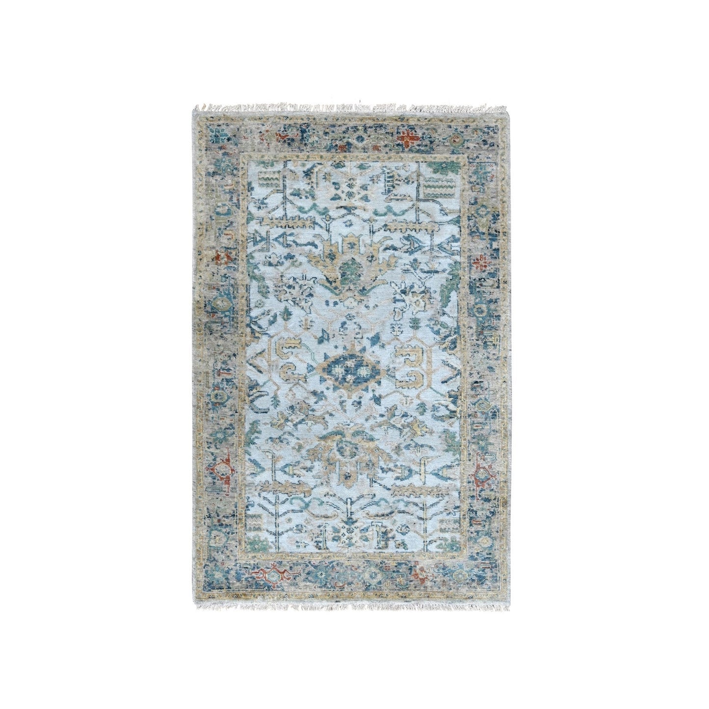 3'X4'10" Blue Broken And Erased Zoroastrian Heris Hand Knotted Wool Rug