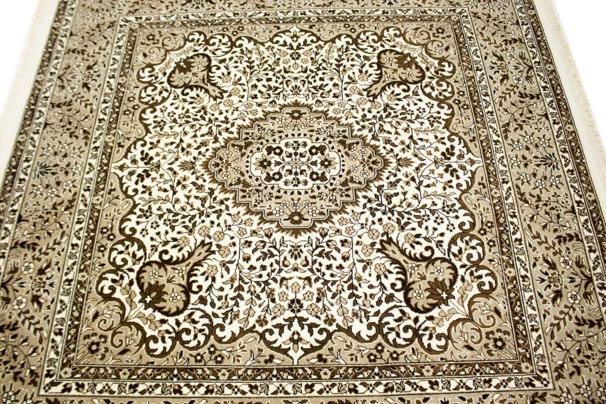 Hand-Knotted Cream Kirman Square Rug Oriental