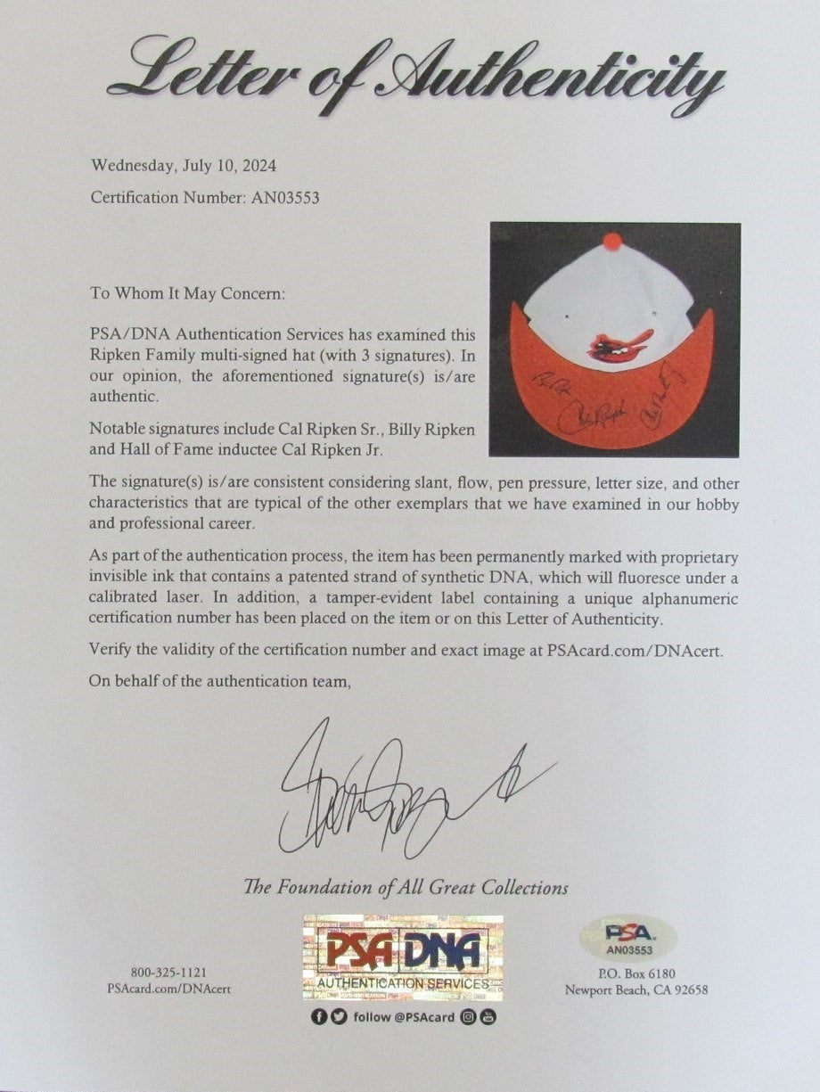 Cal Ripken Jr., Cal Ripken, Bill Ripken Multi-Signed Baseball Hat Psa/Dna 190220