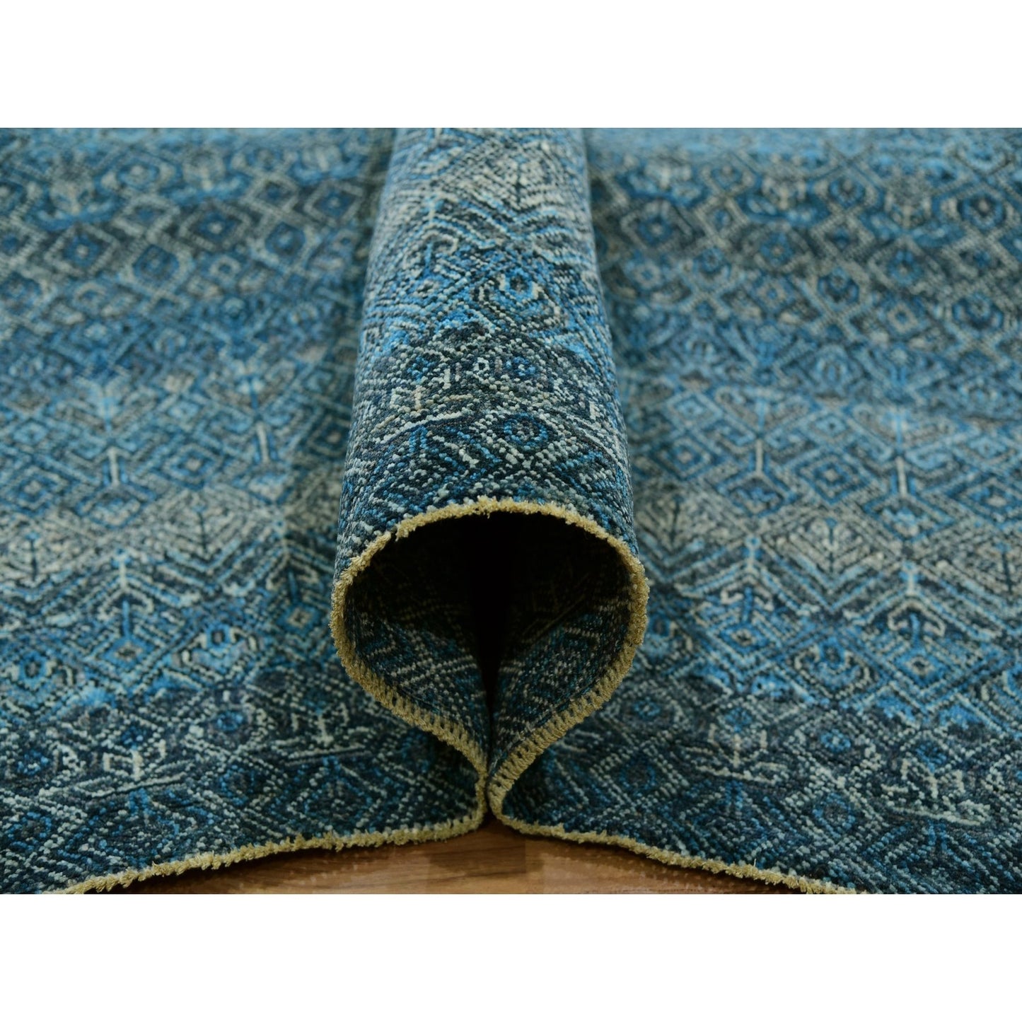 12'X12' Blue Hand Knotted Kohinoor Repetitive Diamond Wool Xl Square Rug