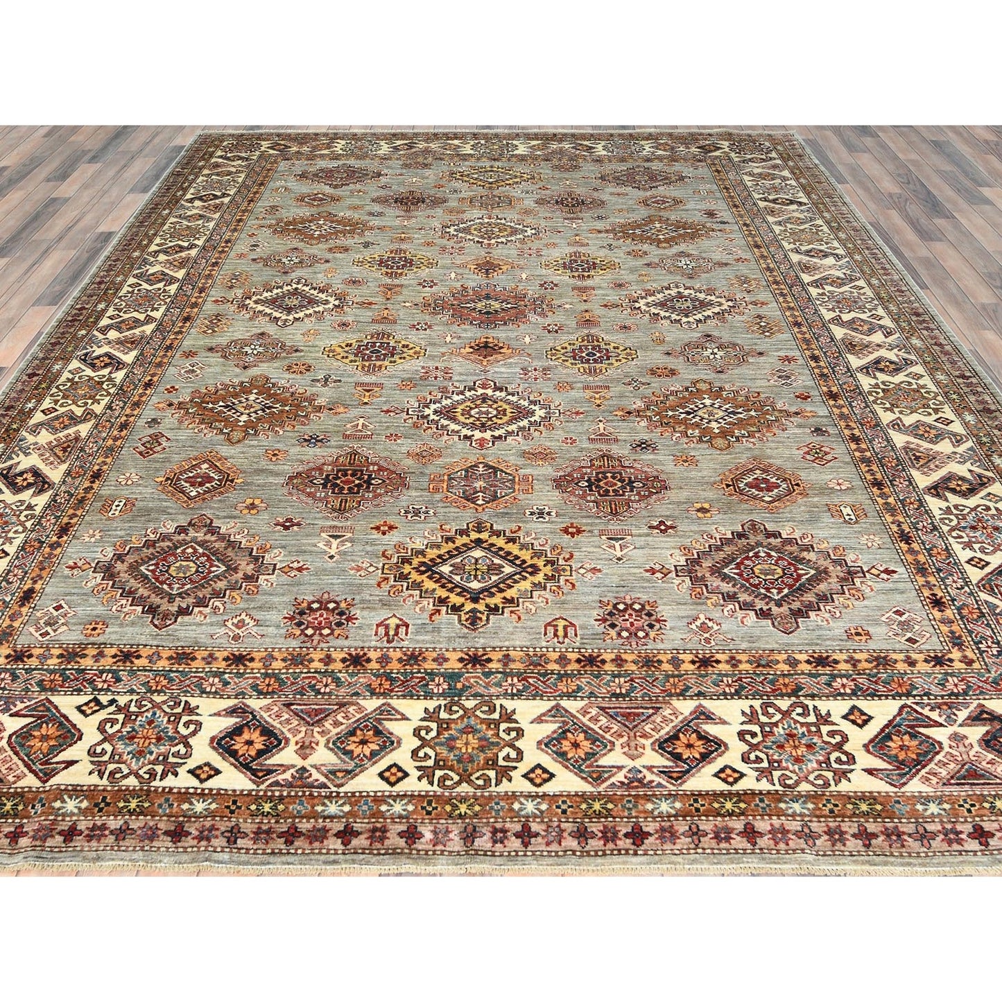 9'X12'4" Stone Gray Soft Wool Hand Knotted Afghan Super Kazak Rug
