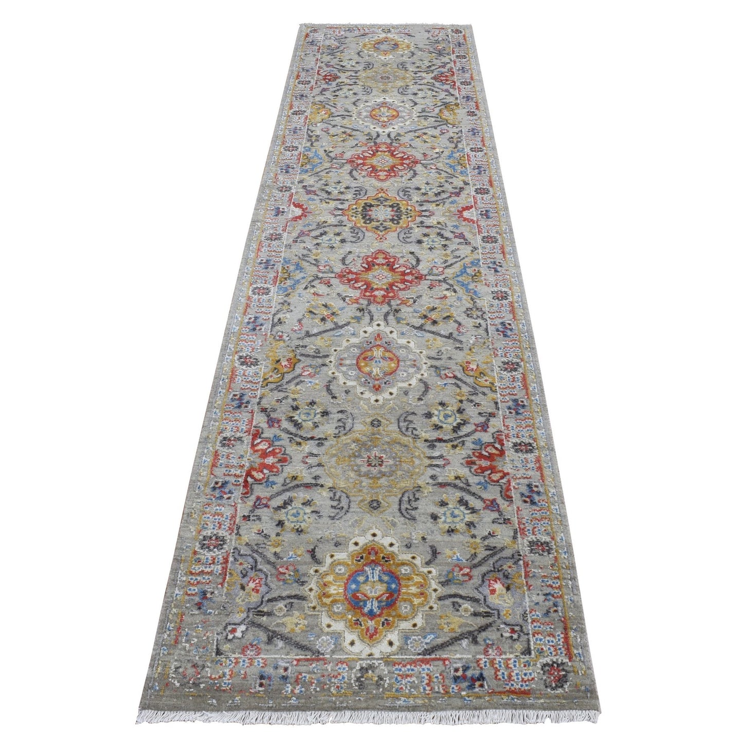 2'6"X10' Gray The Sunset Rosettes Silk And Wool Hand Knotted Runner Rug