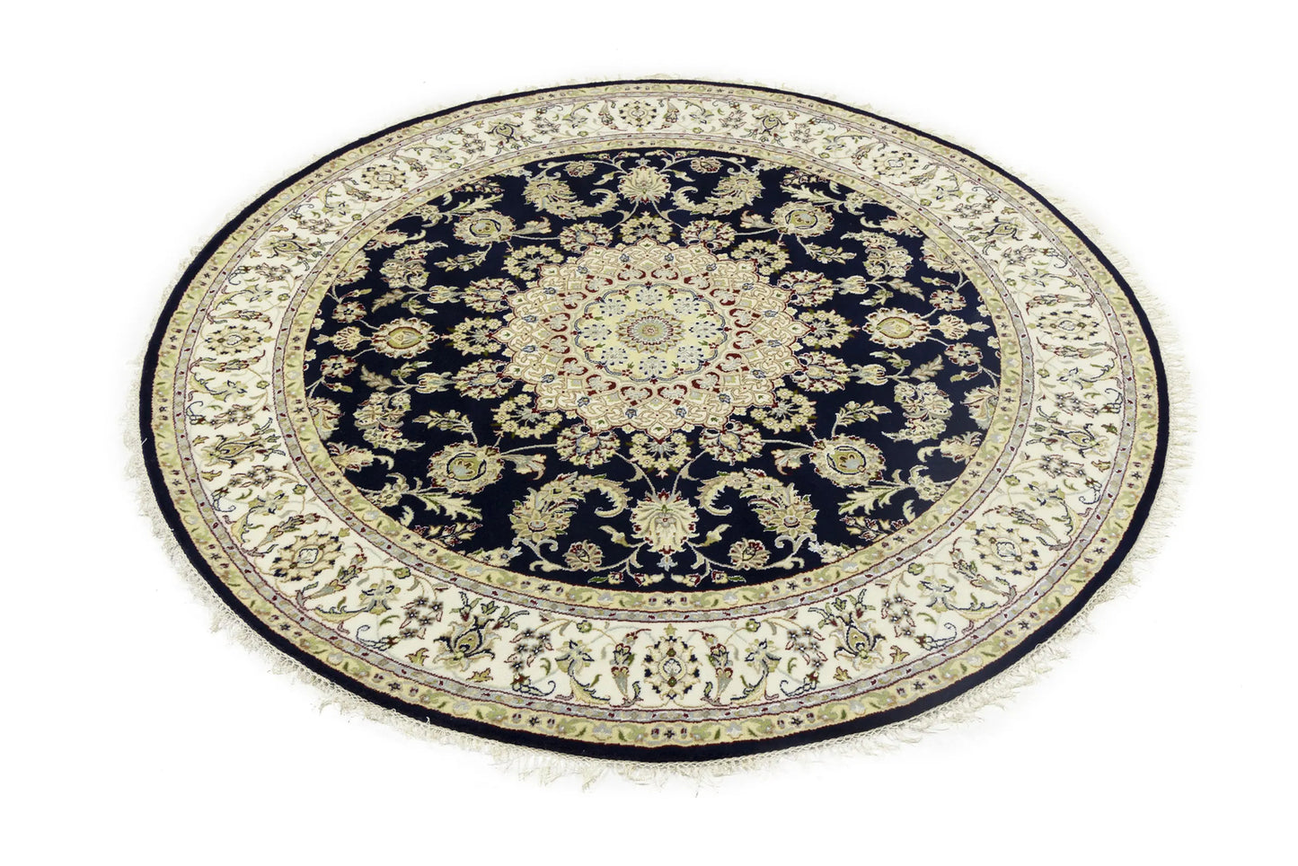 7X7 Ft Round Indo-Nain Oriental Rug Handmade Dark