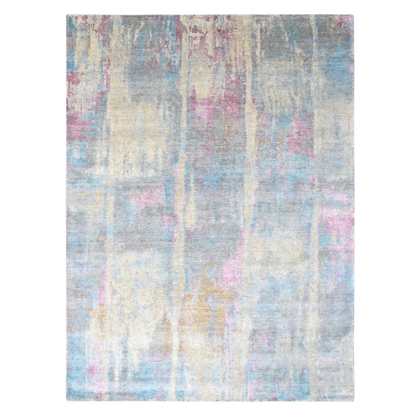 9'X12' Pastel Yellow Abstract Design Wool And Silk Shiny Hand Knotted Rug