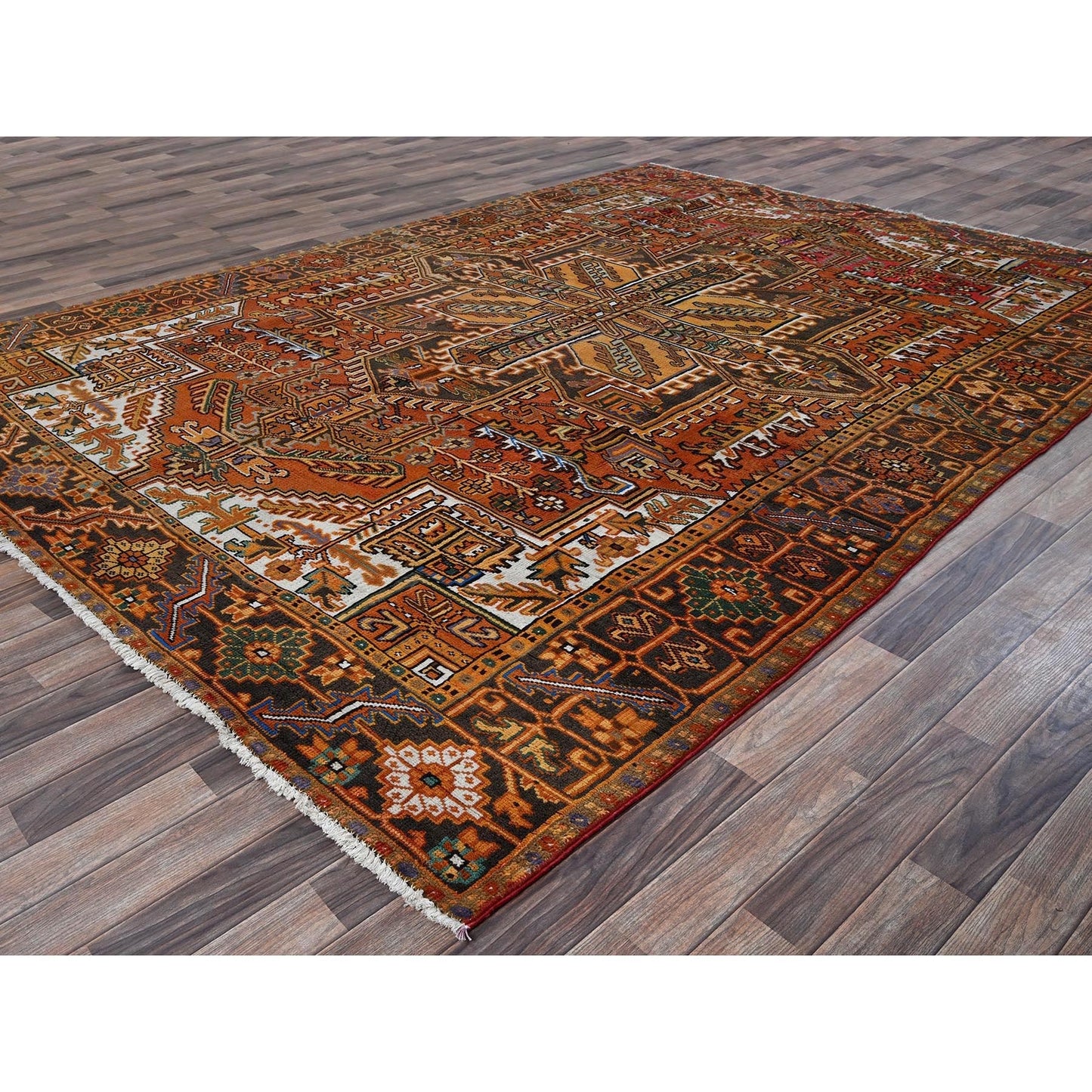 8'2"X11'2" Orange Semi Antique Zoroastrian Heris Hand Knotted Wool Rug
