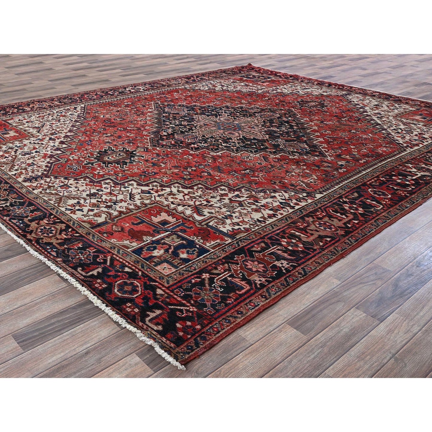 9'5"X11' Red Vintage Zoroastrian Heris Pure Wool Hand Knotted Squarish Rug