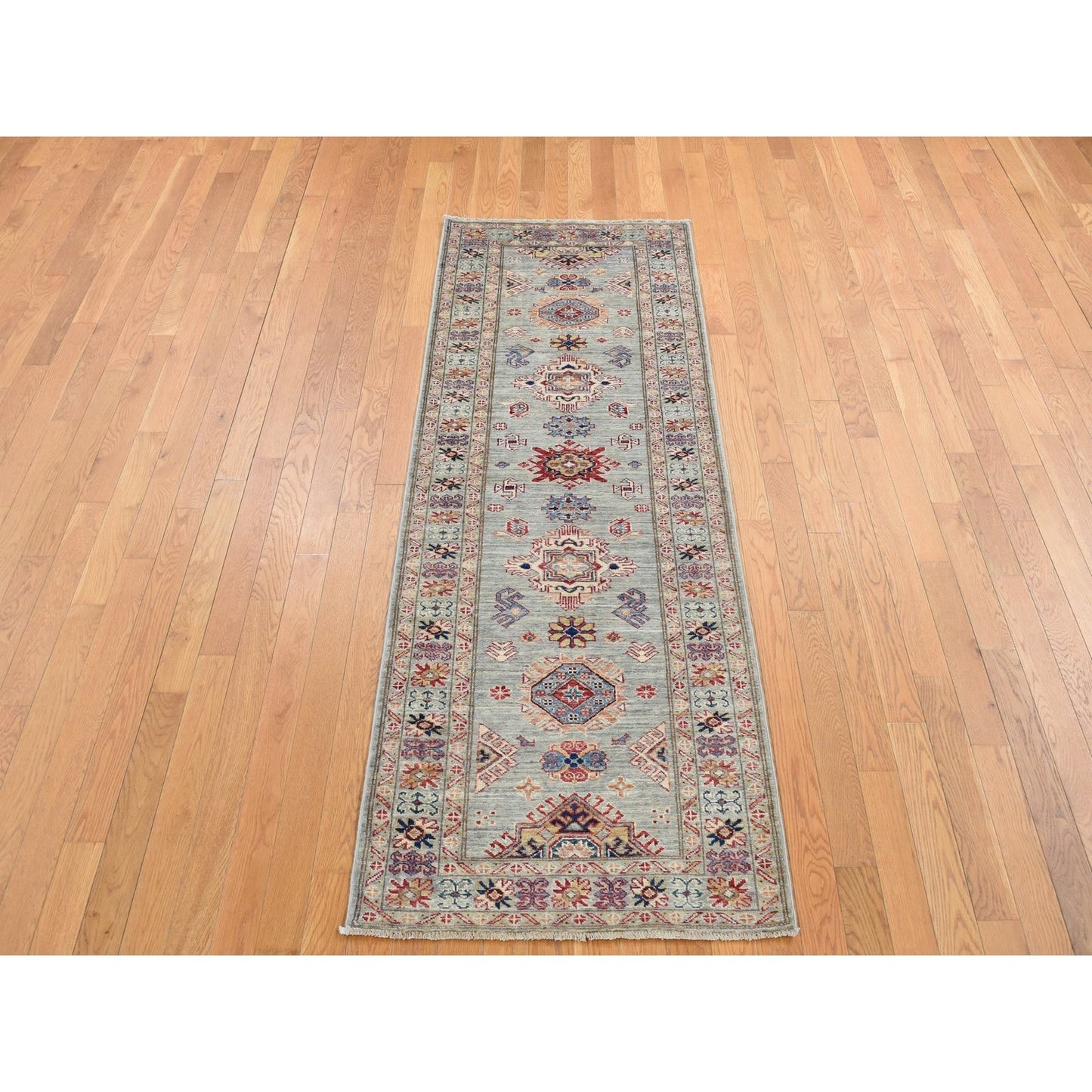 2'10"X8' Light Gray Afghan Super Kazak Hand Knotted Pure Wool Runner Rug