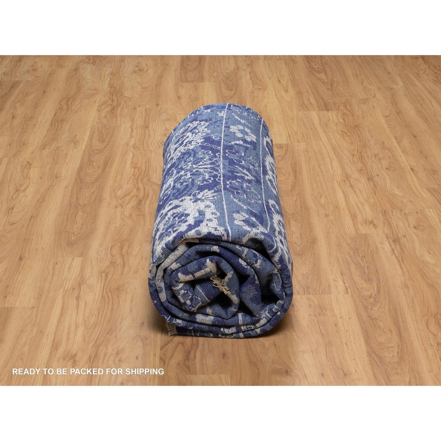 9'X12' Yale Blue Hand Knotted Tebraz With Leaf Motifs Wool And Silk Rug