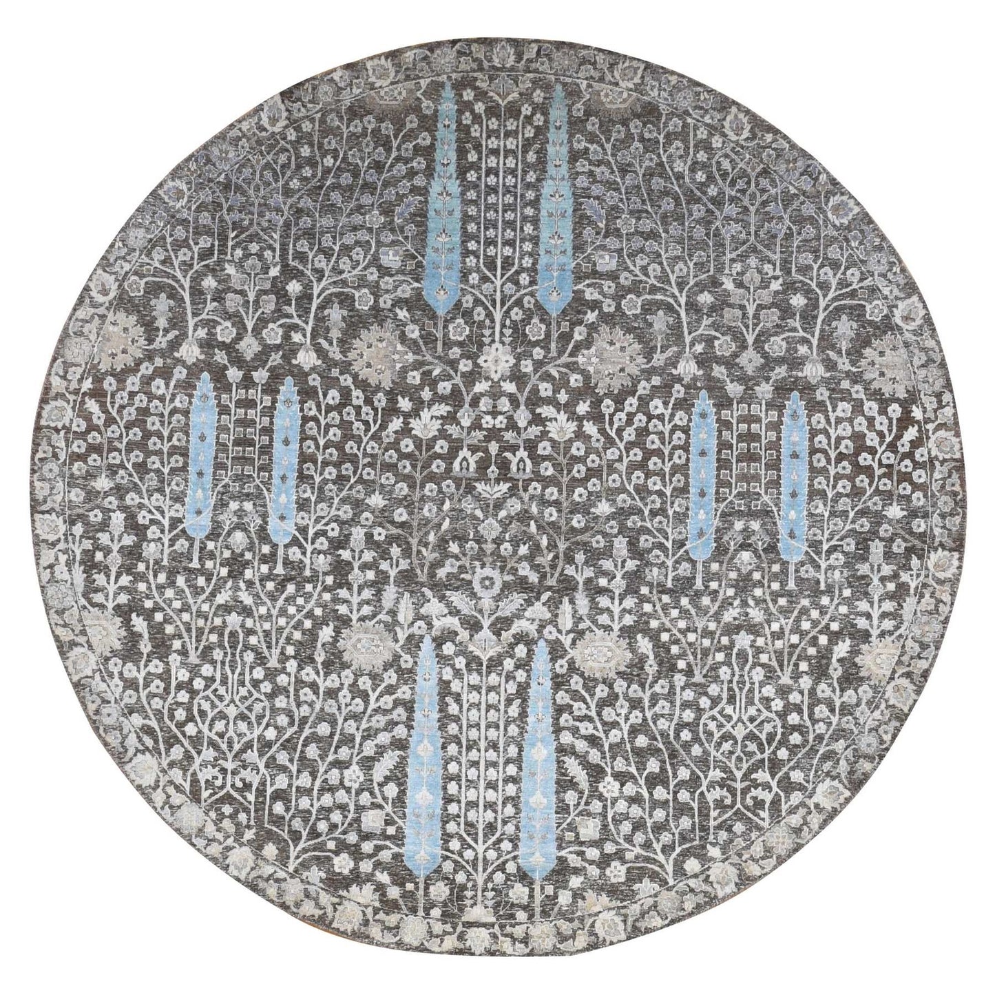 10'X10' Brown Cypress Tree Design Silk With Wool Hand Knotted Round Rug