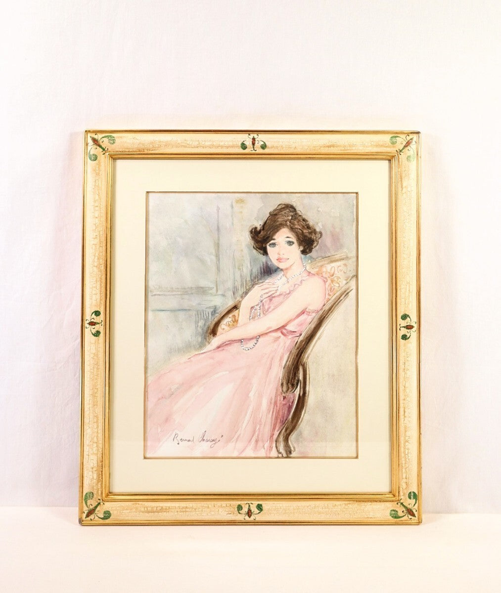 Bernard Charoy Original Watercolor Painting "Lady In Pink Dress" Signed French