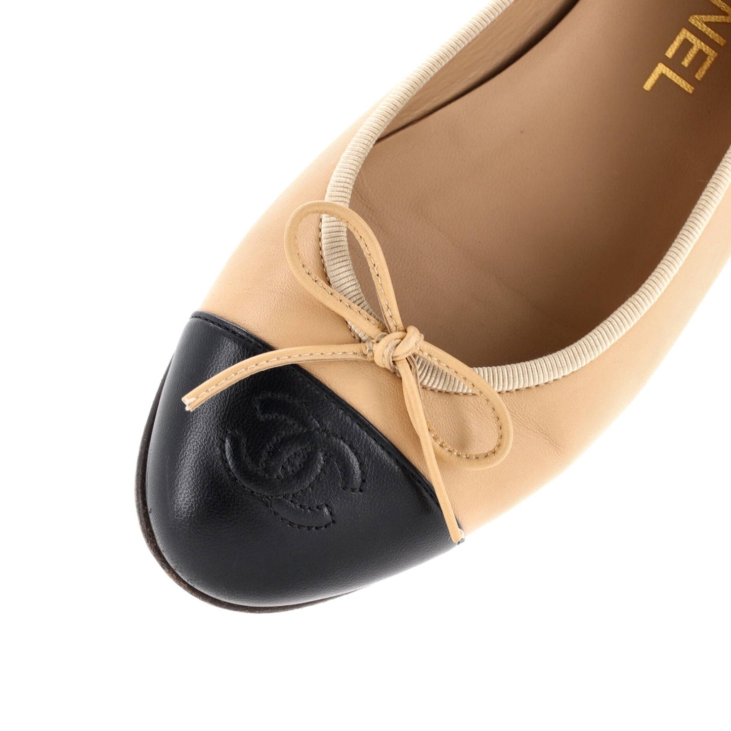Chanel Women'S Cc Cap Toe Bow Ballerina Flats Leather