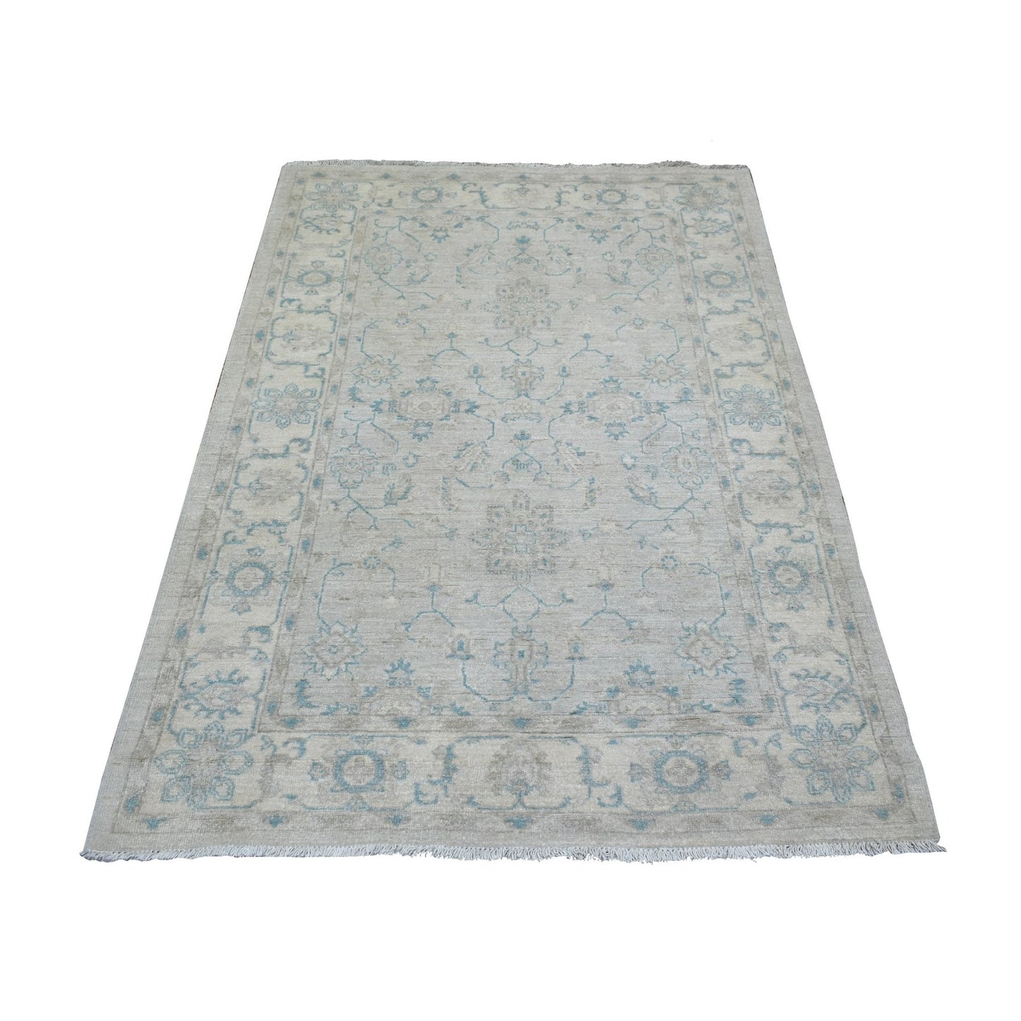 4'X5'9" Ivory White Wash Peshawar Pure Wool Natural Dyes Hand Knotted Rug