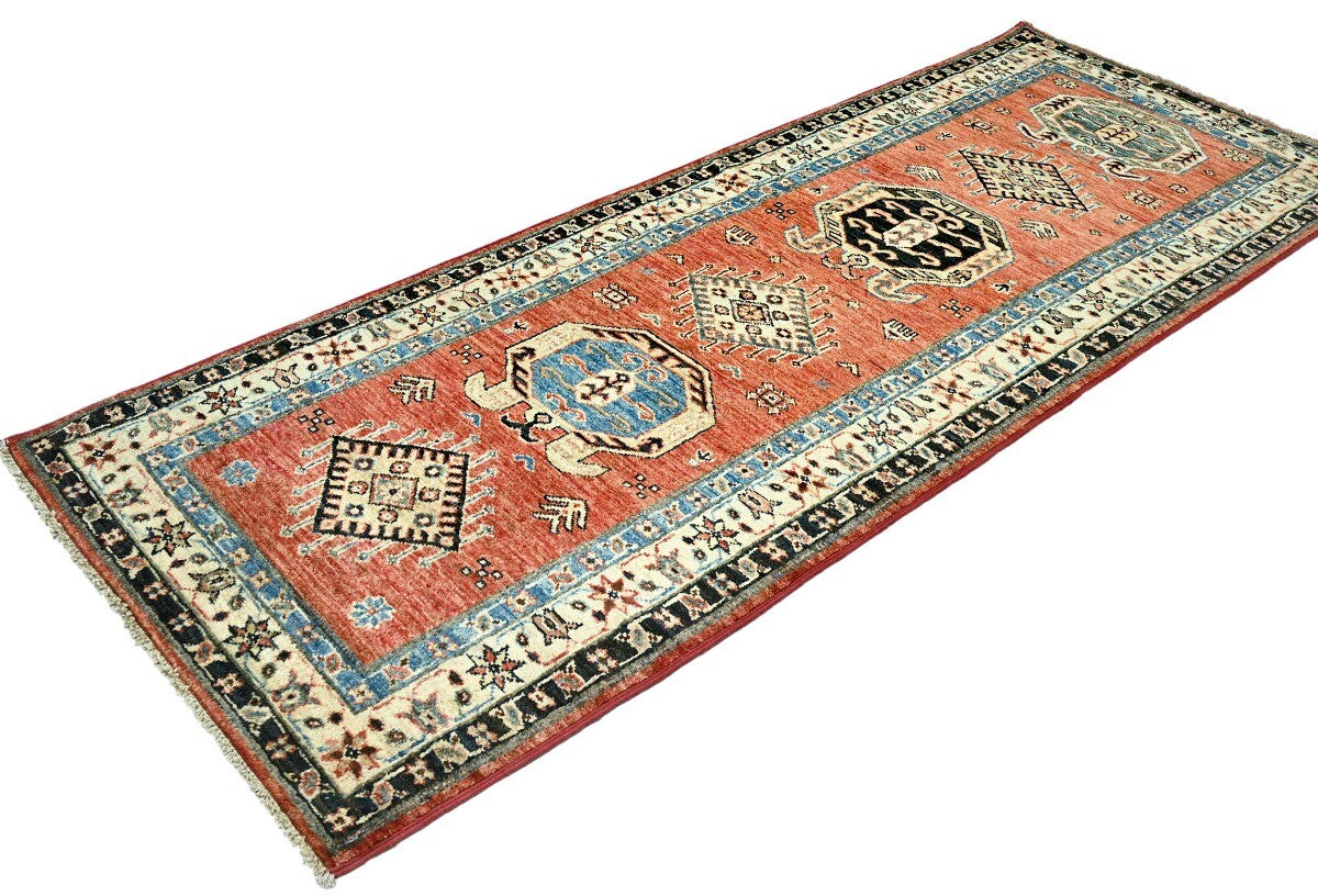 Handmade Kazak Runner Rug Rusty Red Tribal