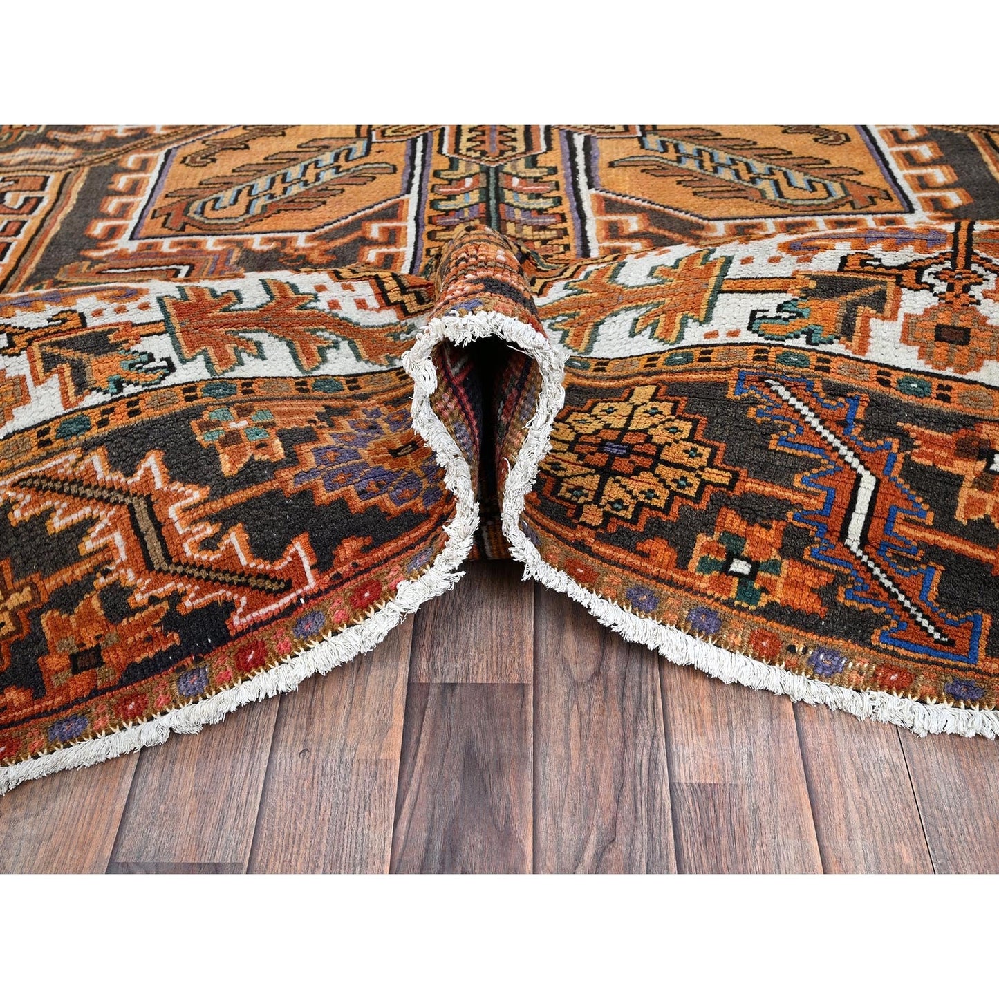 8'2"X11'2" Orange Semi Antique Zoroastrian Heris Hand Knotted Wool Rug