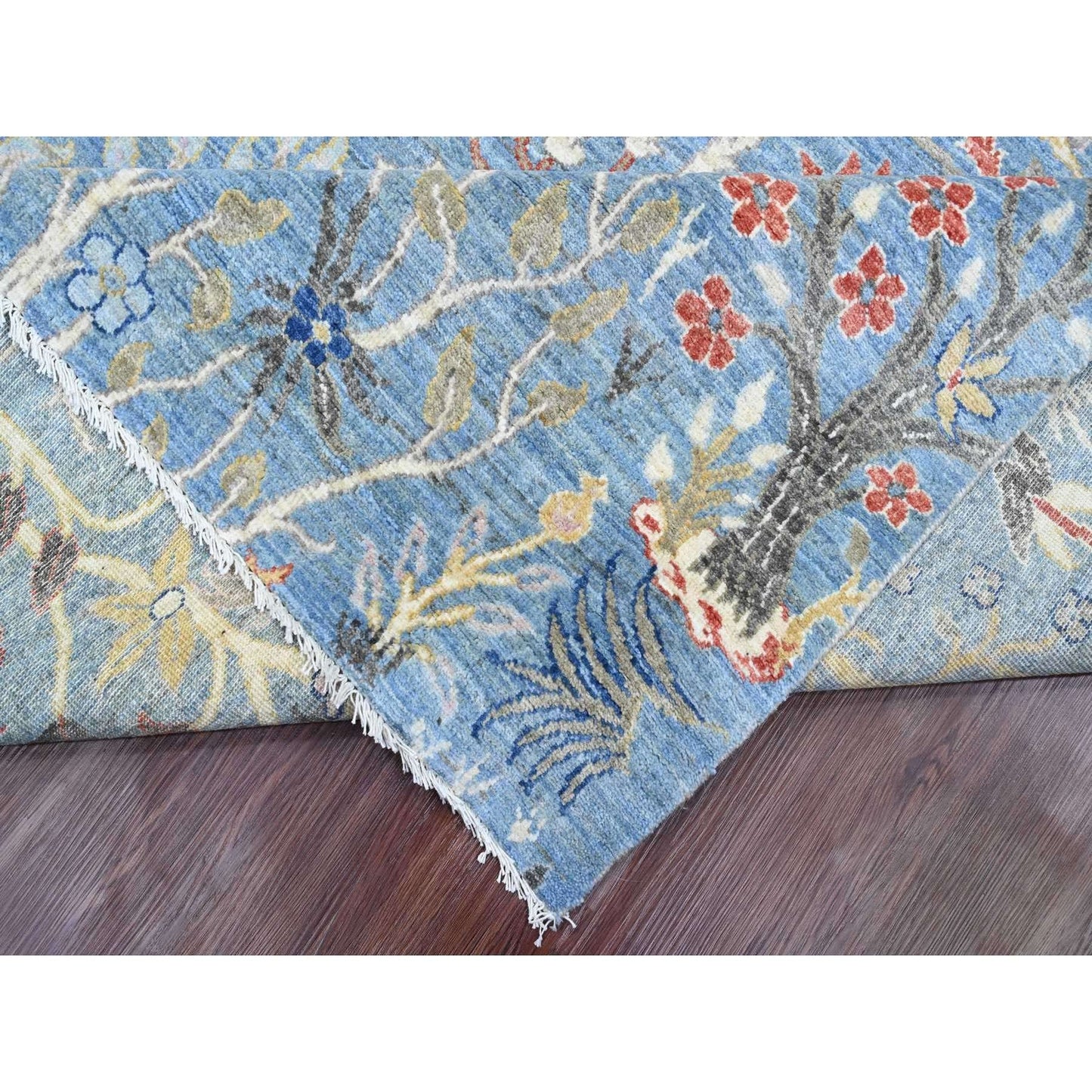 8'X10'1" Yonder Blue Afghan Peshawar Birds Design Hand Knotted Wool Rug