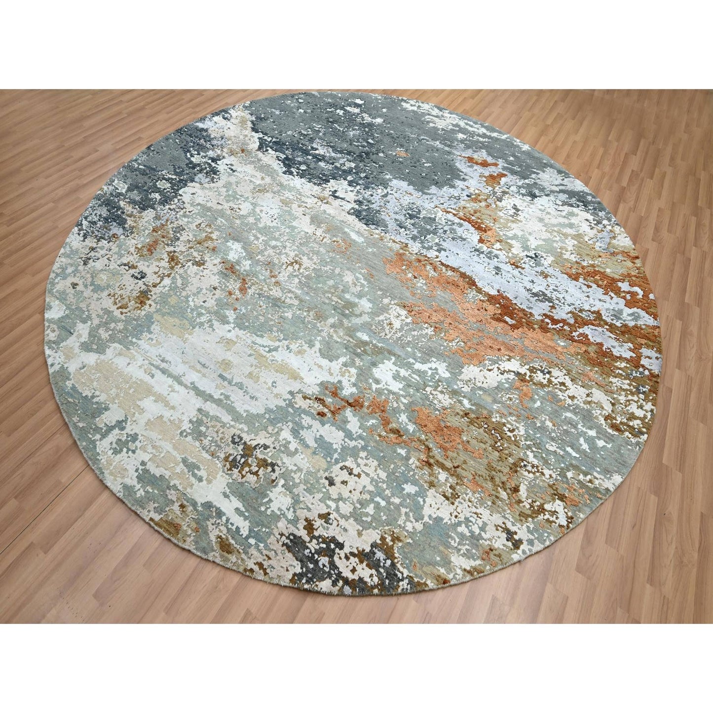 9'9"X9'9" Shades Of Gray Abstract Design Pure Wool Hand Knotted Round Rug