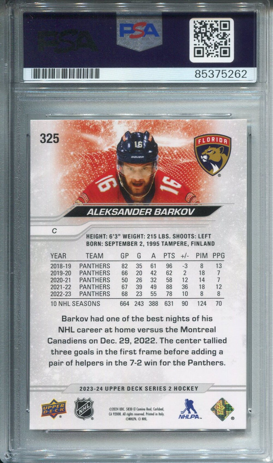 Aleksander Barkov Autographed Upper Deck Card Psa Auto Grade 10
