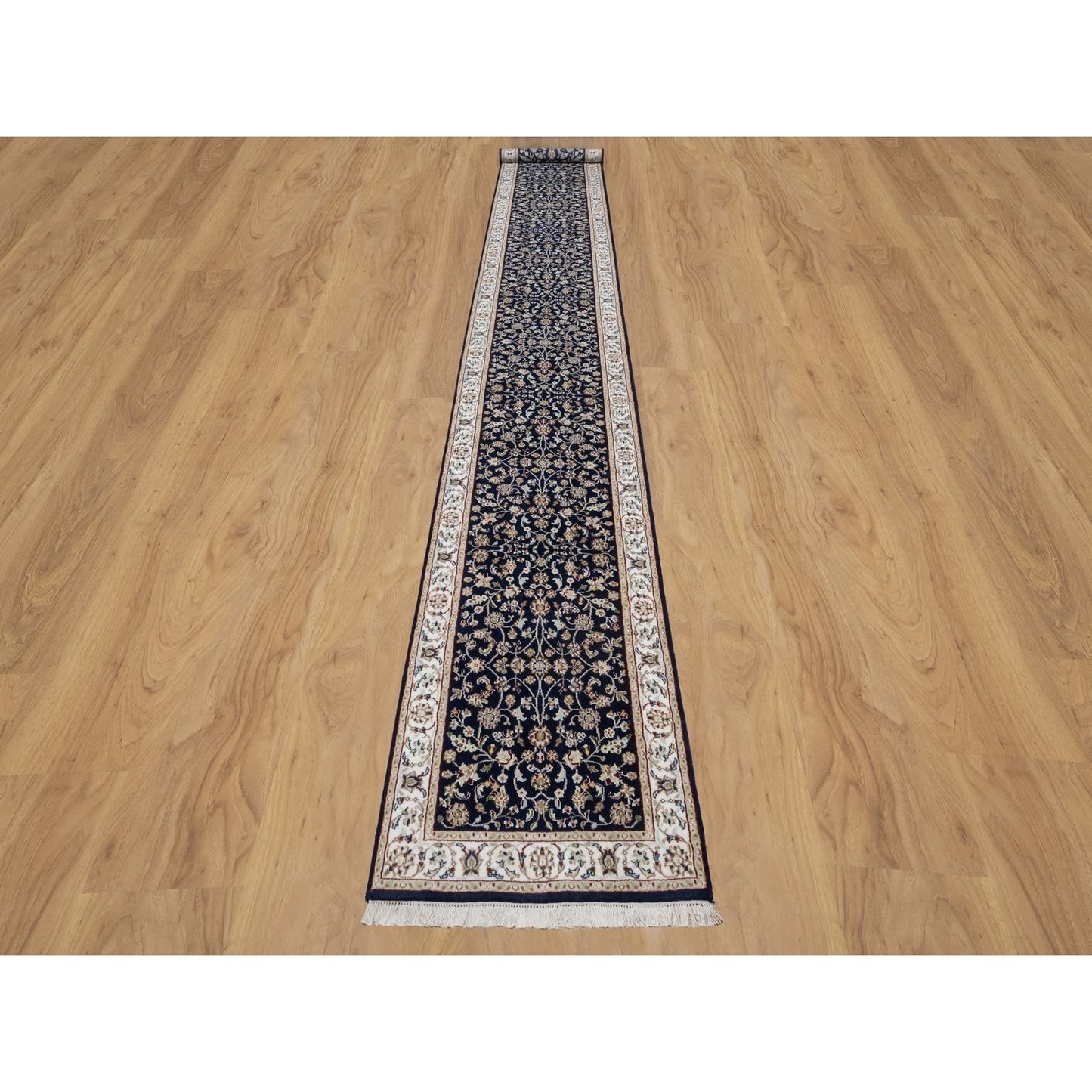2'8"X18'1" Blue Nain Flower Design Wool And Silk Hand Knotted Runner Rug