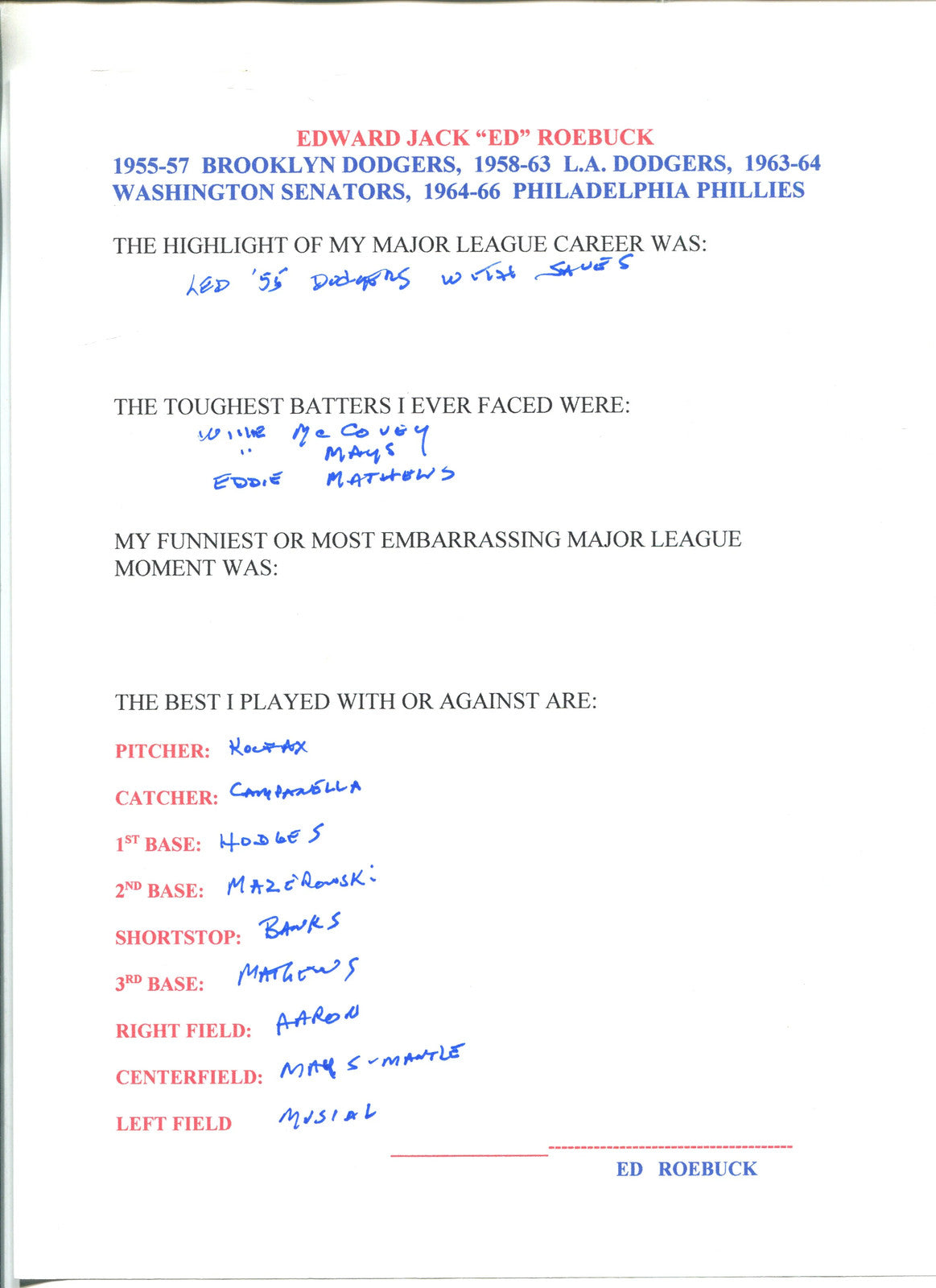 Ed Roebuck Autographed Hand Filled Out Survey Page