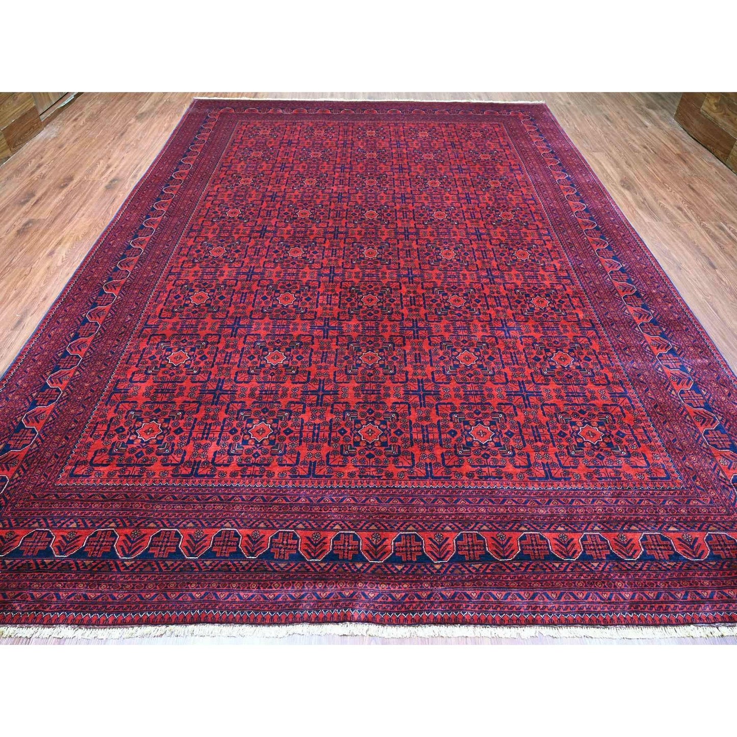 9'10"X12'10" Red Hand Knotted Afghan Khamyab Geometric Design Wool Rug